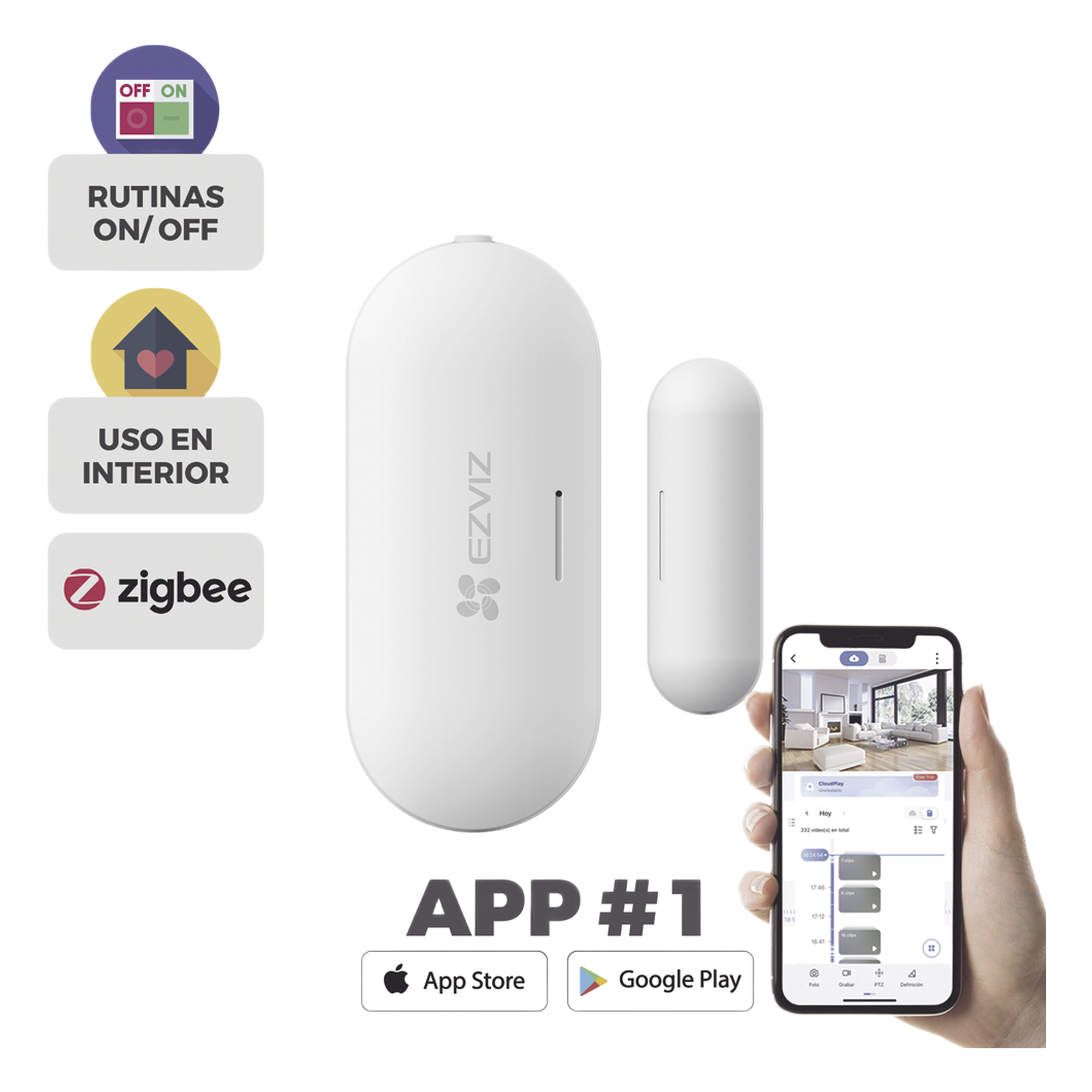Sensor de Contacto Magnético Inalámbrico / Zigbee / Separación de Alarma 25 mm ± 5 mm / Autonomía 3 Años / Uso Interior / 53.5 x 22.5 x 13.5 mm — EZVIZ · SKU CS-T2C