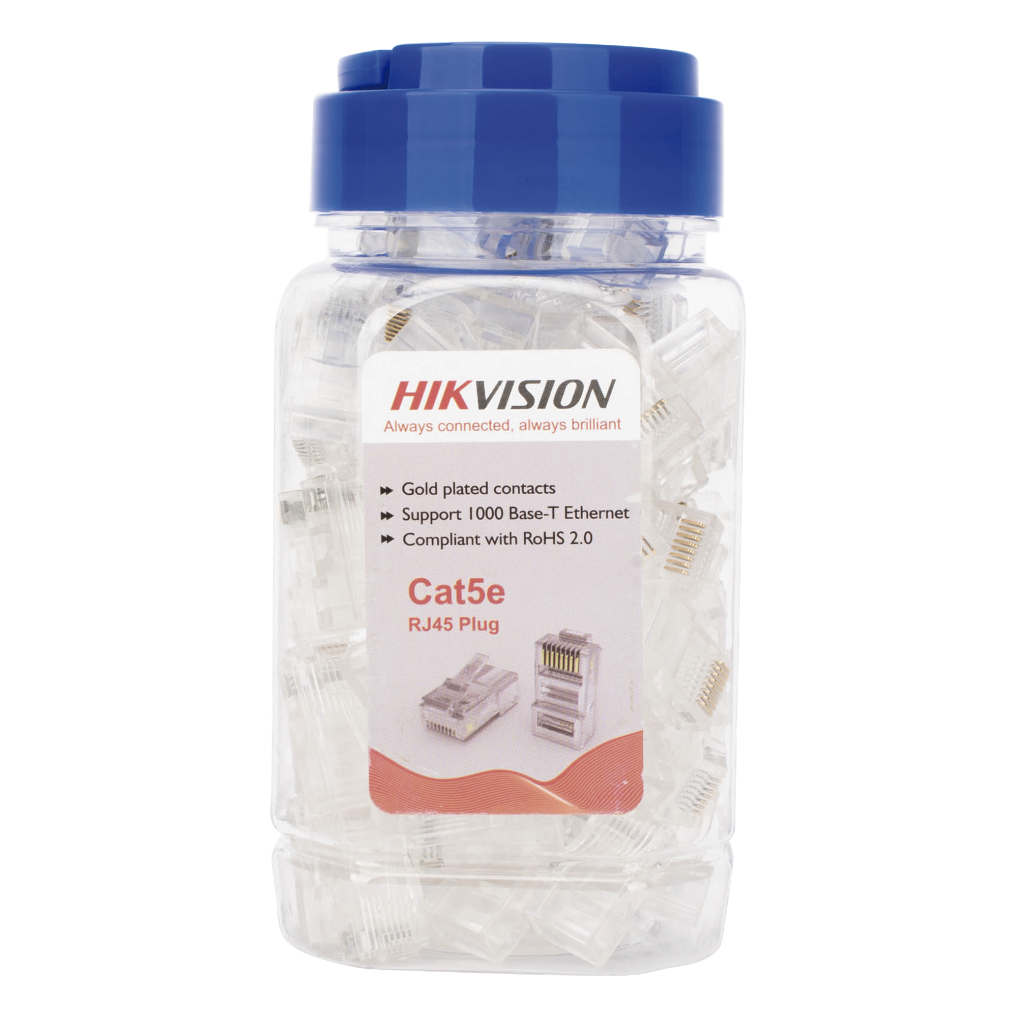Conector RJ45 / Cat 5e / 100 Piezas / Chapado Oro 30μ / Sin Blindaje / 24 AWG / UTP Interior — HIKVISION · SKU DS-1M5EUA-30U