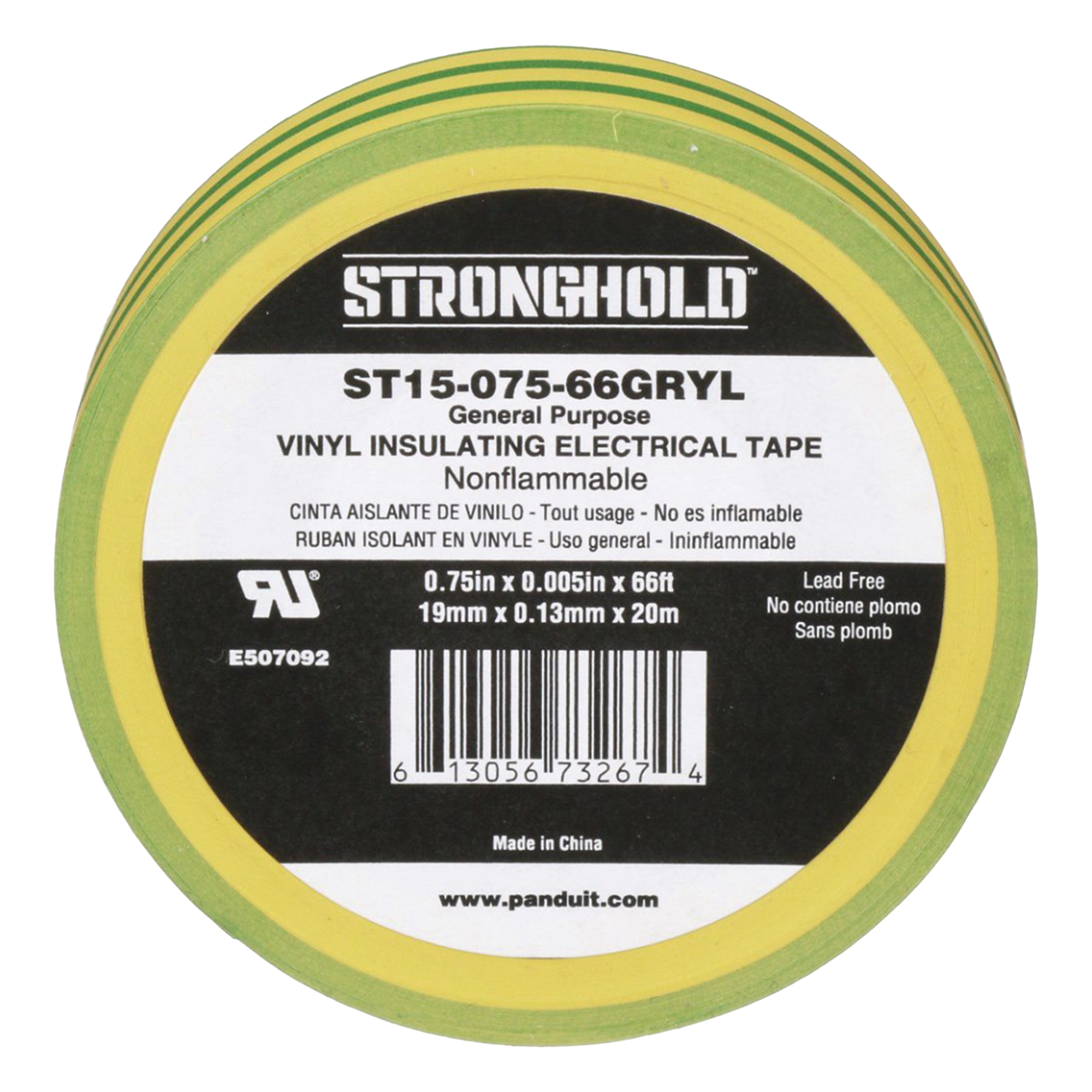 Cinta Eléctrica de Aislamiento / PVC 0.13 mm (5 mil) / 19.05 mm x 20.12 m (66 ft) / Adhesivo a Presión / Amarillo/Verde — PANDUIT · SKU ST15-075-66-GRYL