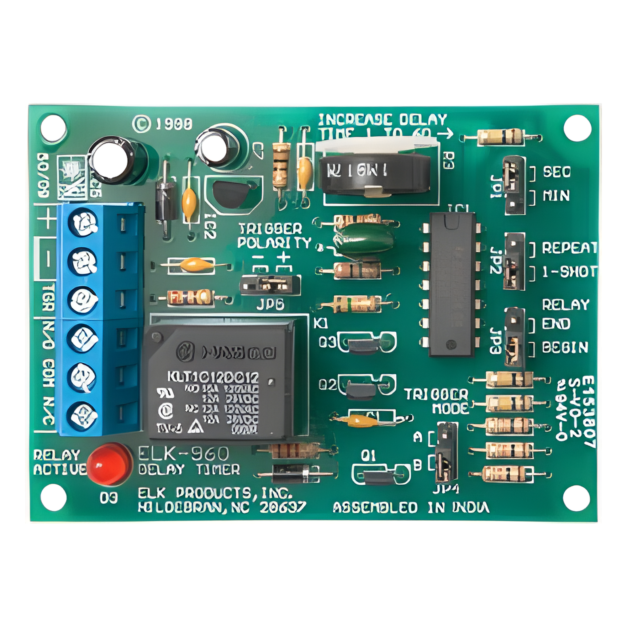 Relé con Temporizador / SPDT / Retardo 3-60 Seg o 3-60 Min / Activación Positiva/Negativa 4.5-24 VCC / Alimentación 12-24 VCC — ELK PRODUCTS · SKU ELK960