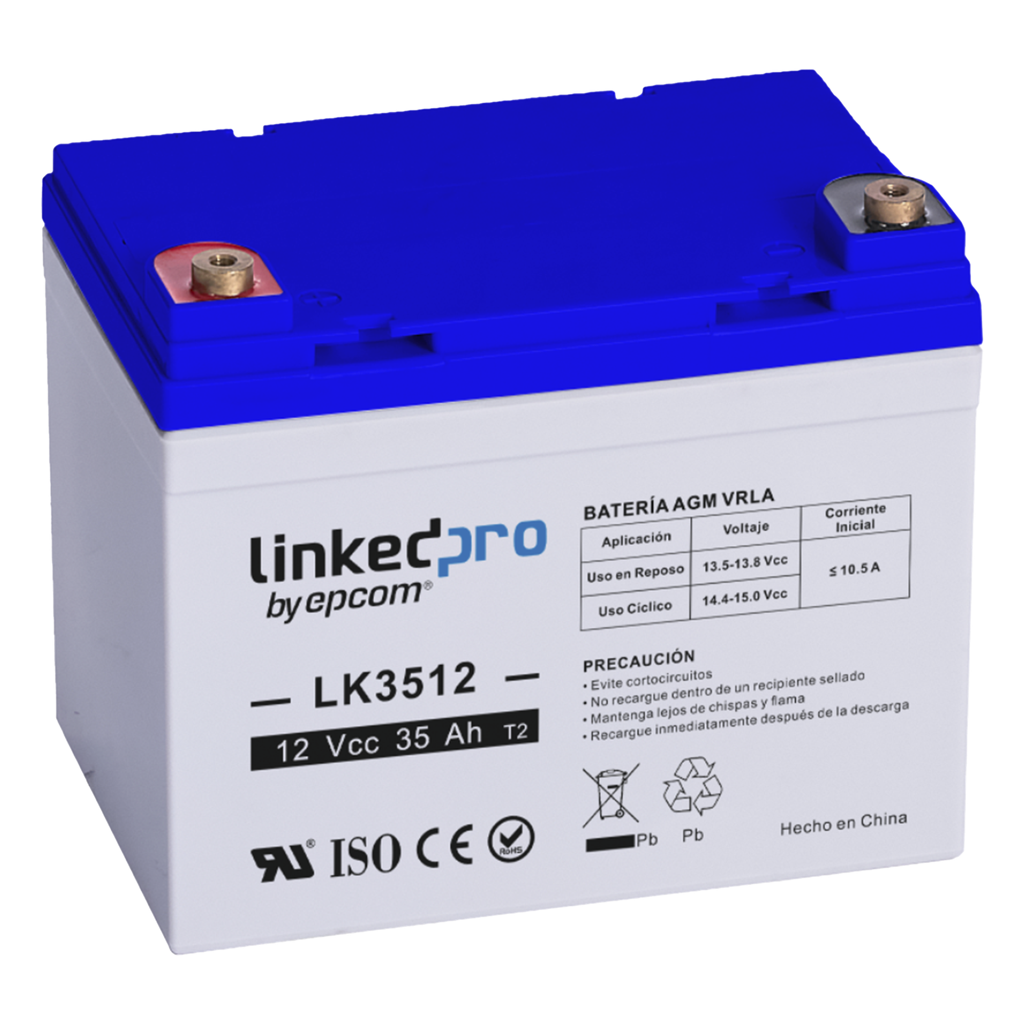 Batería de Respaldo AGM / 12 V / 35 Ah / Válvulas de Regulación / Terminales T1 / Vida Útil 5 Años / Certificación UL — LINKEDPRO BY EPCOM · SKU LK3512