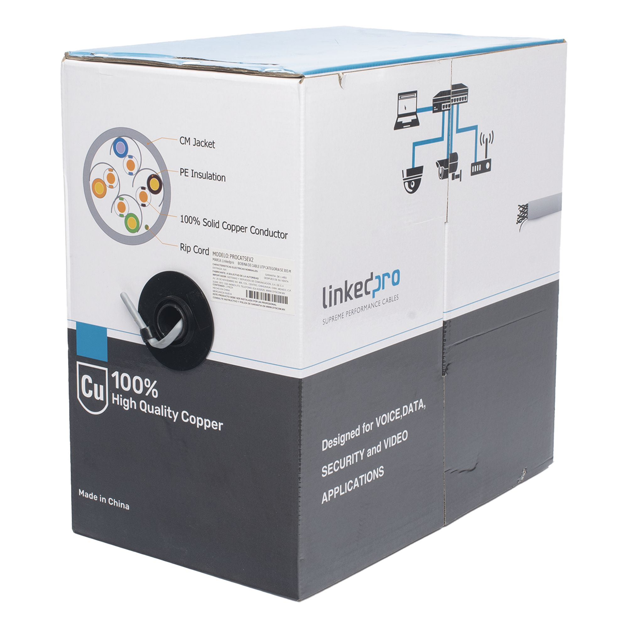 Bobina de Cable / Cat5e / 305 m (1000 pies) / 24 AWG / 100% Cobre / PVC Interior / Sin Blindaje / UL / Gris — LINKEDPRO BY EPCOM · SKU PRO-CAT-5E-V2
