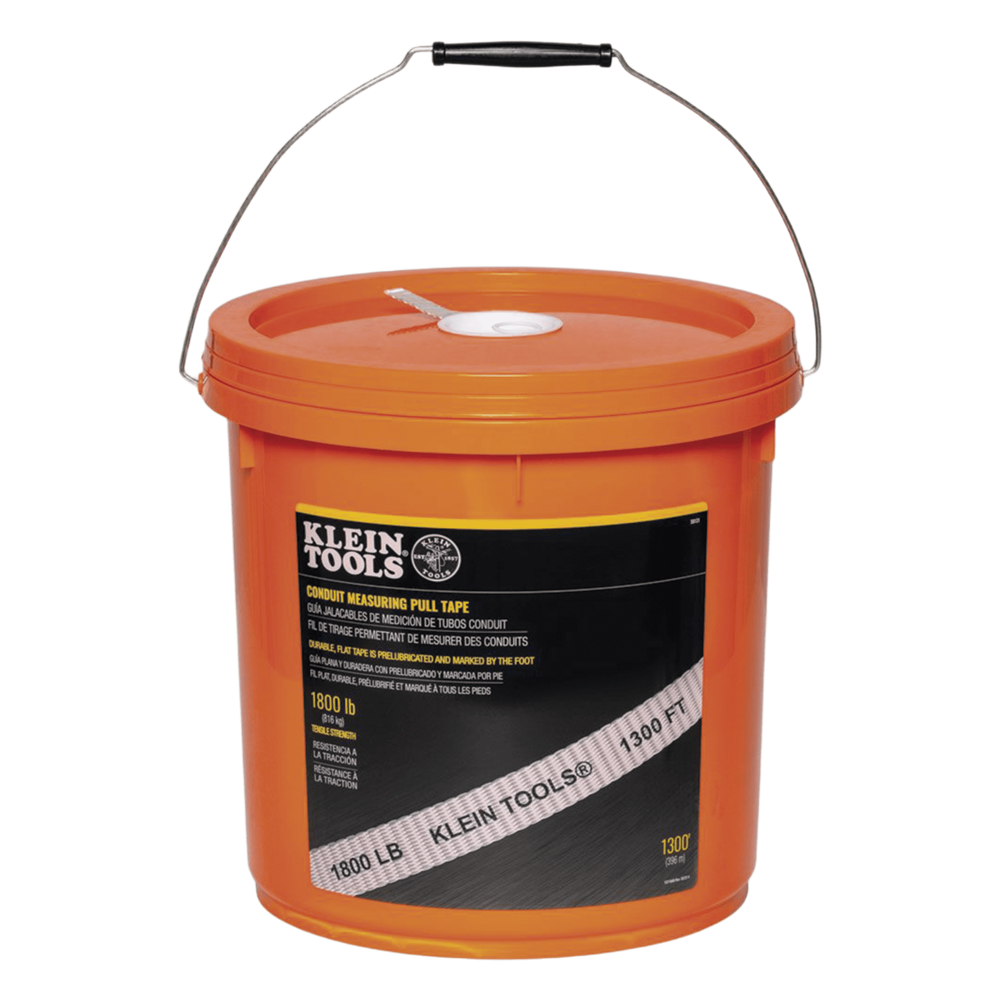 Cinta de Tracción Plana Prelubricada / 396 m (1300 pies) / Resistencia 816 kg / Cubeta con Tapa — KLEIN TOOLS · SKU 50131