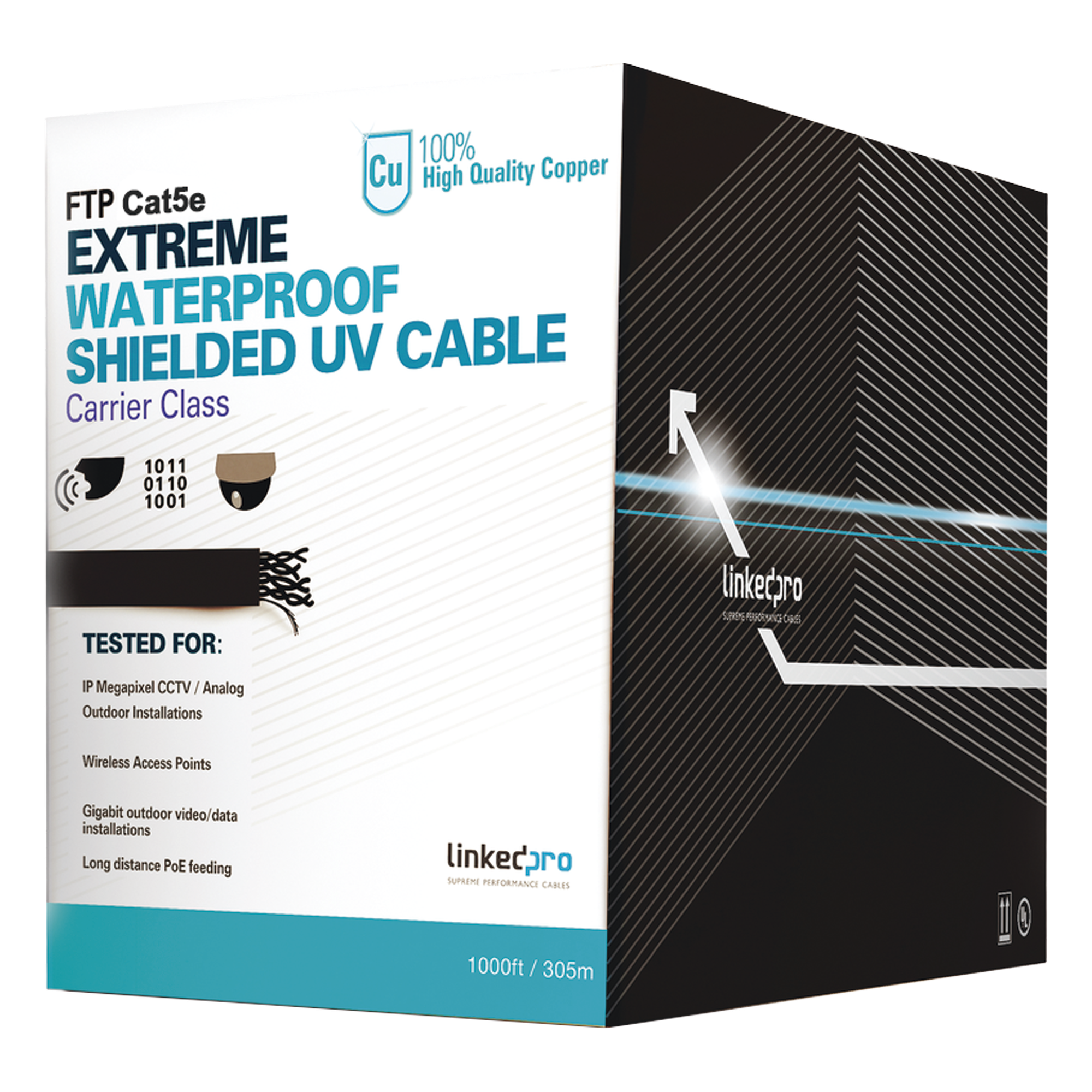Cable UTP Categoría 5e para Exterior / 24AWG 4 Pares / Conductor Cobre Desnudo / Cubierta LDPE Negra Resistente a Rayos UV / Relleno Anti-Humedad PE Tap Compound / Soporte PoE IEEE 802.3at y Gigabit Ethernet / 1000 ft (304.8 m)