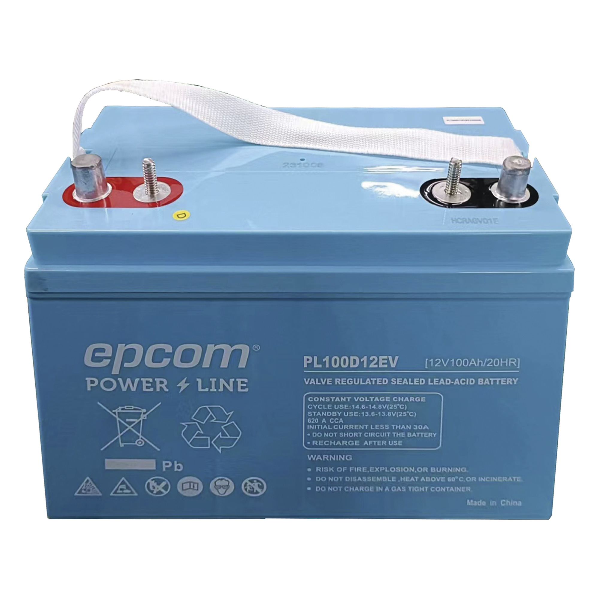 Batería de Ciclo Profundo / 12 VCC / 100 Ah / 620 A CCA / AGM-VRLA / Terminal F22 / 170 min Reserva — EPCOM POWERLINE · SKU PL100D12EV