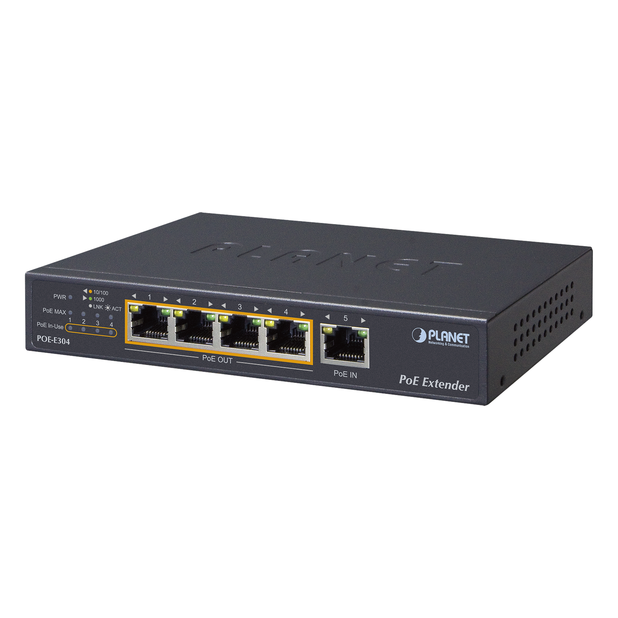 Extensor PoE / 65W Ultra PoE / 4 Puertos Gigabit / 200 m / 656 ft / 10 Gbps Switch — PLANET · SKU POE-E304
