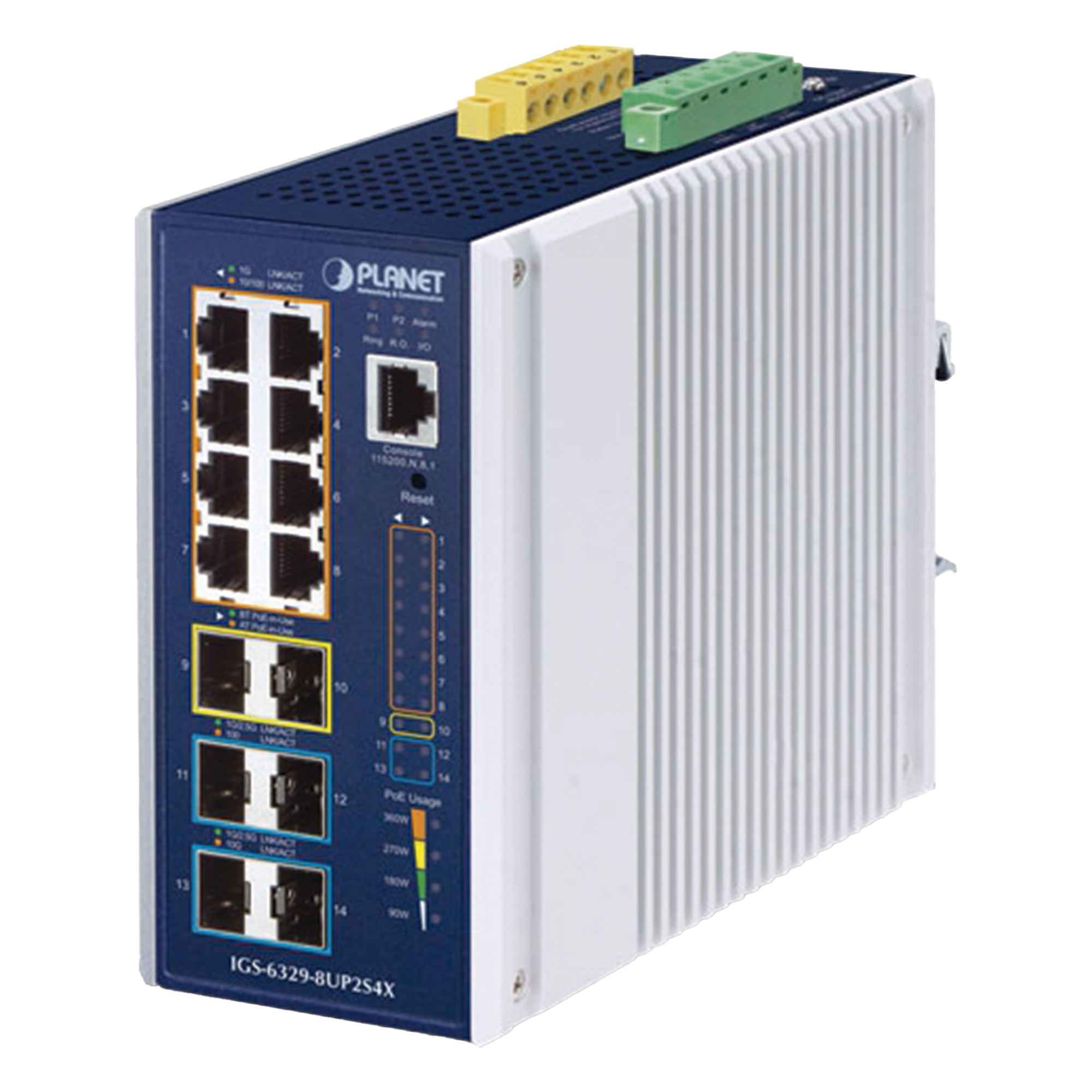 Switch Industrial Capa 3 / 8 Puertos Gigabit PoE++ / 2 Puertos SFP 1G/2.5G / 4 Puertos SFP 10G / Rango de Temperatura -40 a 75°C (-40 a 167°F) / Montaje DIN o Pared — PLANET · SKU IGS-6329-8UP2S4X