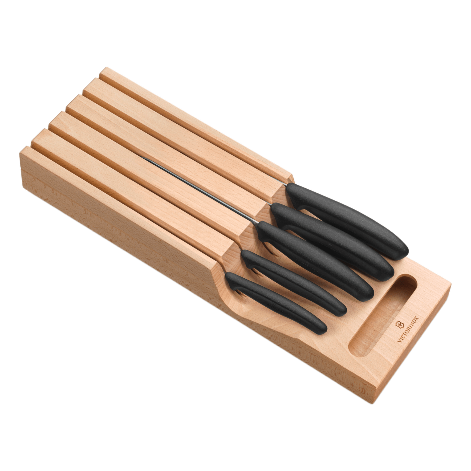 Portacuchillos de Cajón / Madera de Haya Suiza / 5 Cuchillos / Polipropileno Negro / 435 x 148 x 65 mm — VICTORINOX · SKU 6.7143.5