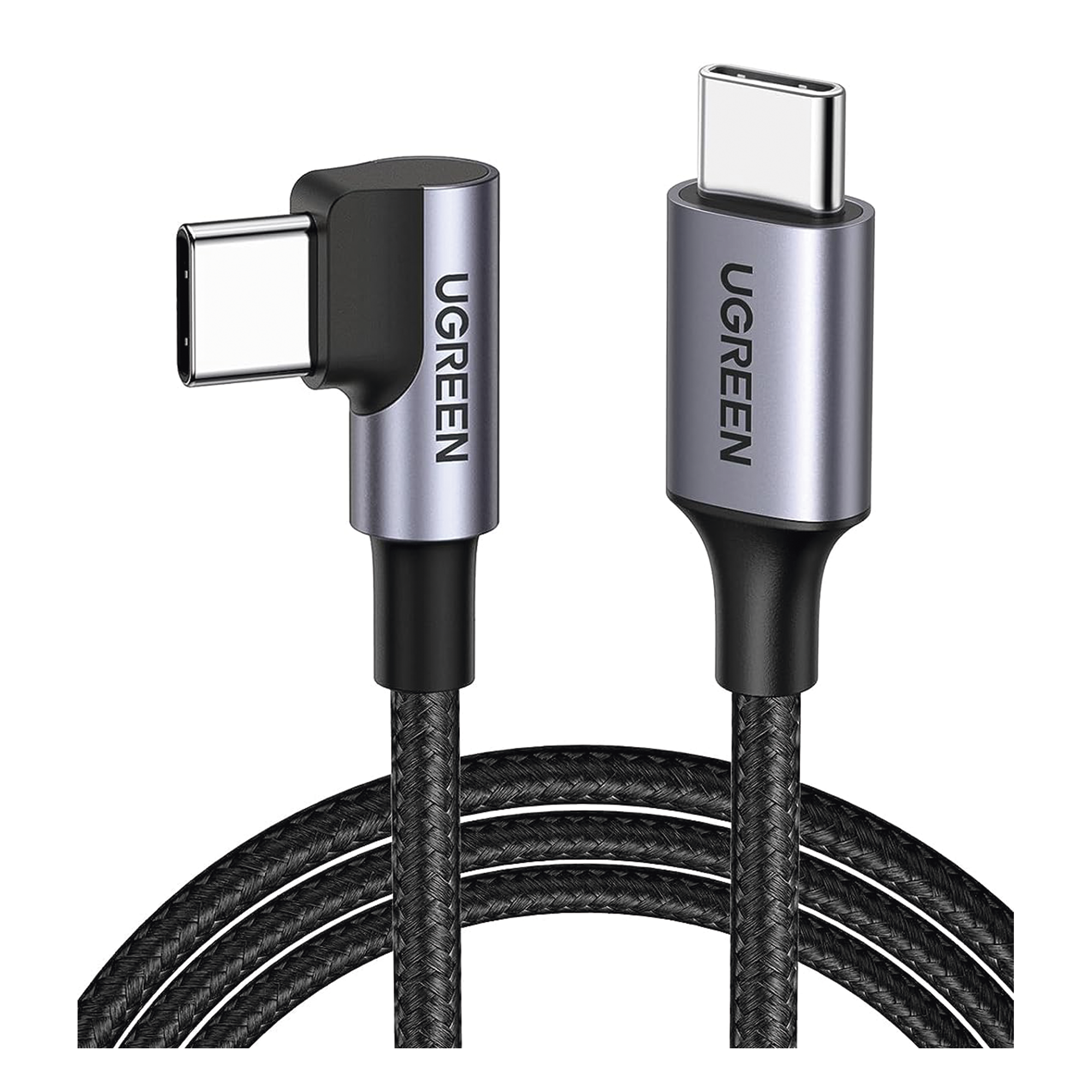 Cable USB-C a USB-C / 1 Metro (3.28 Pies) / Conector 90° / Carga 60W / 480 Mbps / Nylon Trenzado / Aluminio — UGREEN · SKU 50123