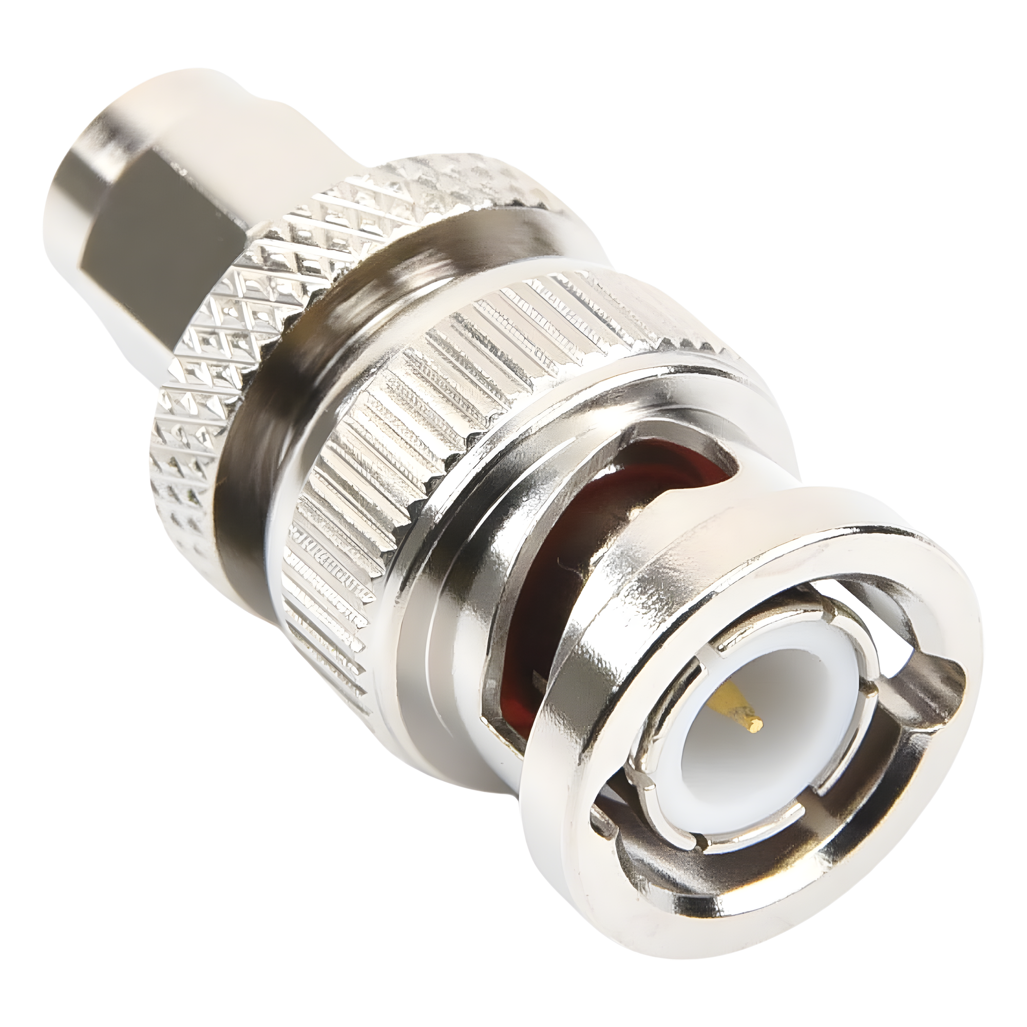 Adaptador Coaxial en Línea / SMA Macho a BNC Macho / Cuerpo Bronce Niquelado / Contacto Oro / Aislante Teflón