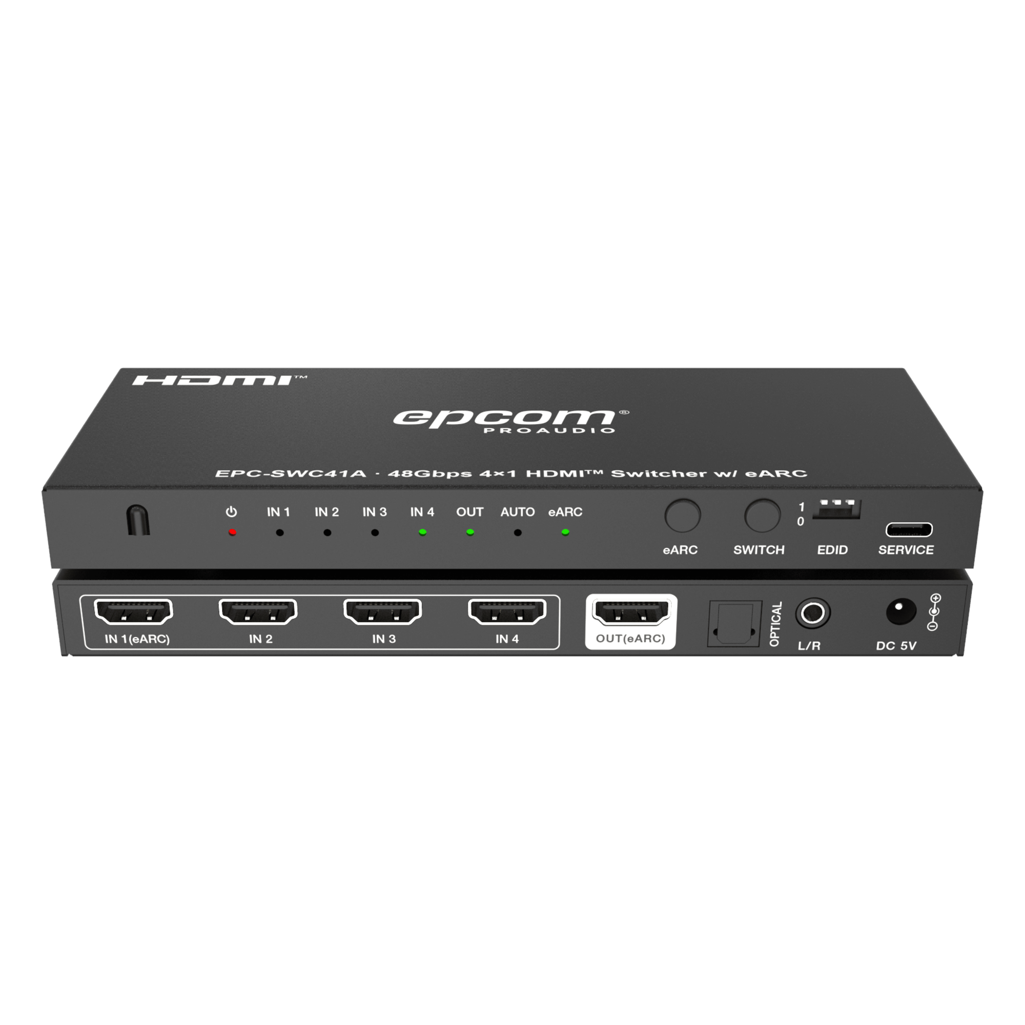Switch HDMI 4x1 / 8K@60Hz 4:2:0 / 48 Gbps / ARC/eARC / Extracción de Audio Óptico y Analógico / Control CEC / Gestión EDID / USB-C Firmware — EPCOM PROAUDIO · SKU EPC-SWC41A
