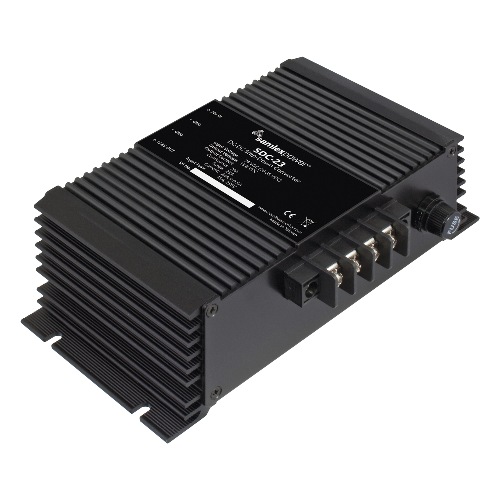 Convertidor DC-DC / Entrada 20-35 VDC / Salida 13.8 VDC 20A / Eficiencia 88% / Dimensiones 60x122x198 mm (2.4x4.8x7.8 pulg) — SAMLEX · SKU SDC-23