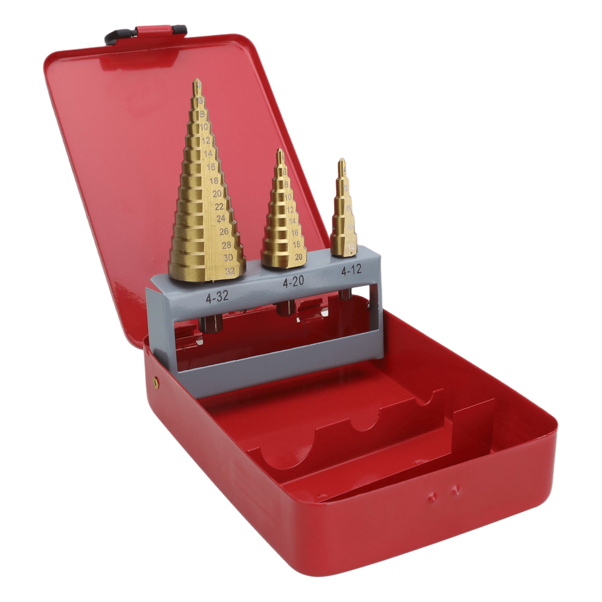 Juego de Brocas Escalonadas / 3 Piezas / 4-12 mm / 4-20 mm / 4-32 mm / HSS / Para Metal y Plástico — PRECISION · SKU PST-C020-02