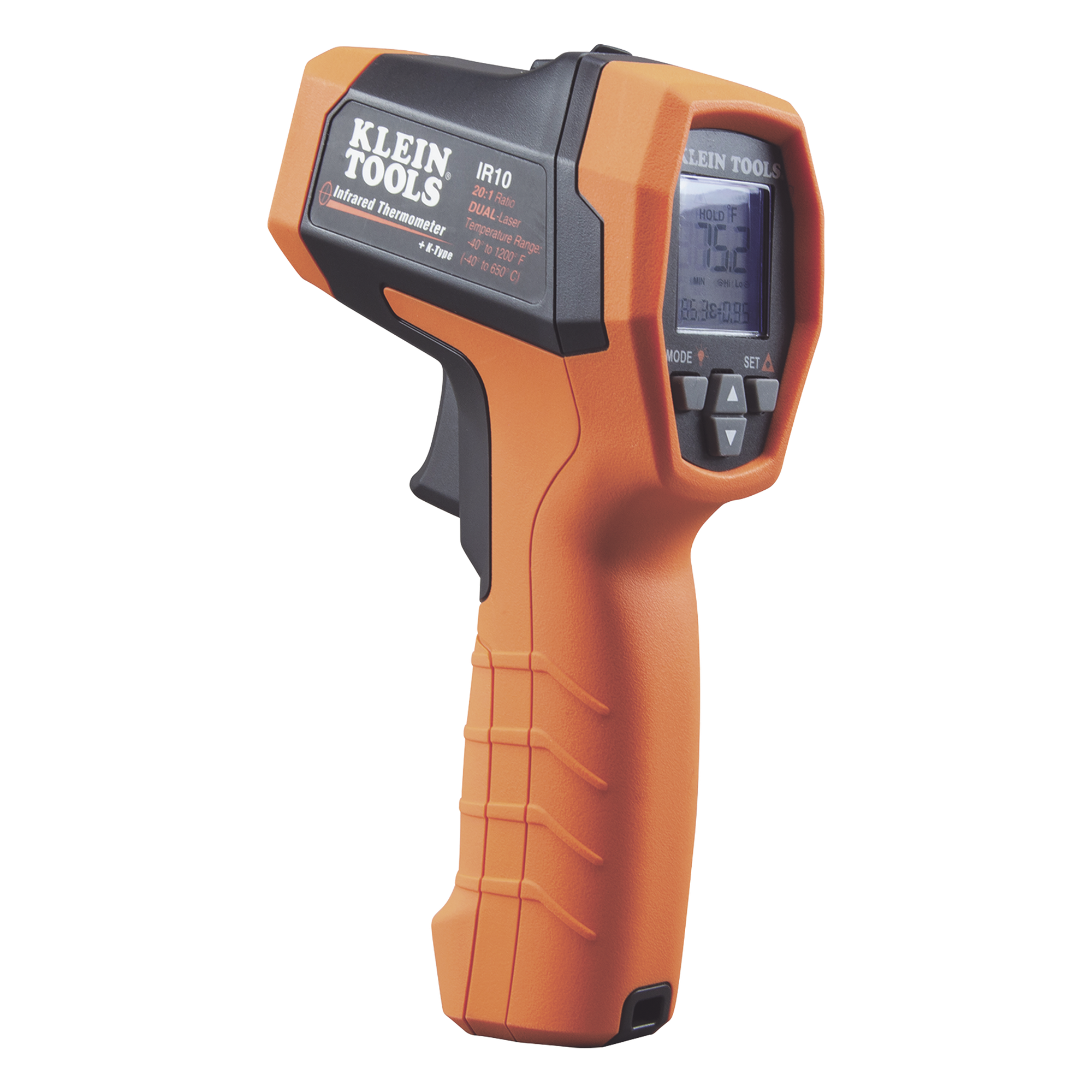 Termómetro Infrarrojo / Doble Láser / IR y Sonda Tipo K / Rango -40 a 650 °C (-40 a 1200 °F) / Resolución 20:1 / Emisividad Ajustable — KLEIN TOOLS · SKU IR-10K
