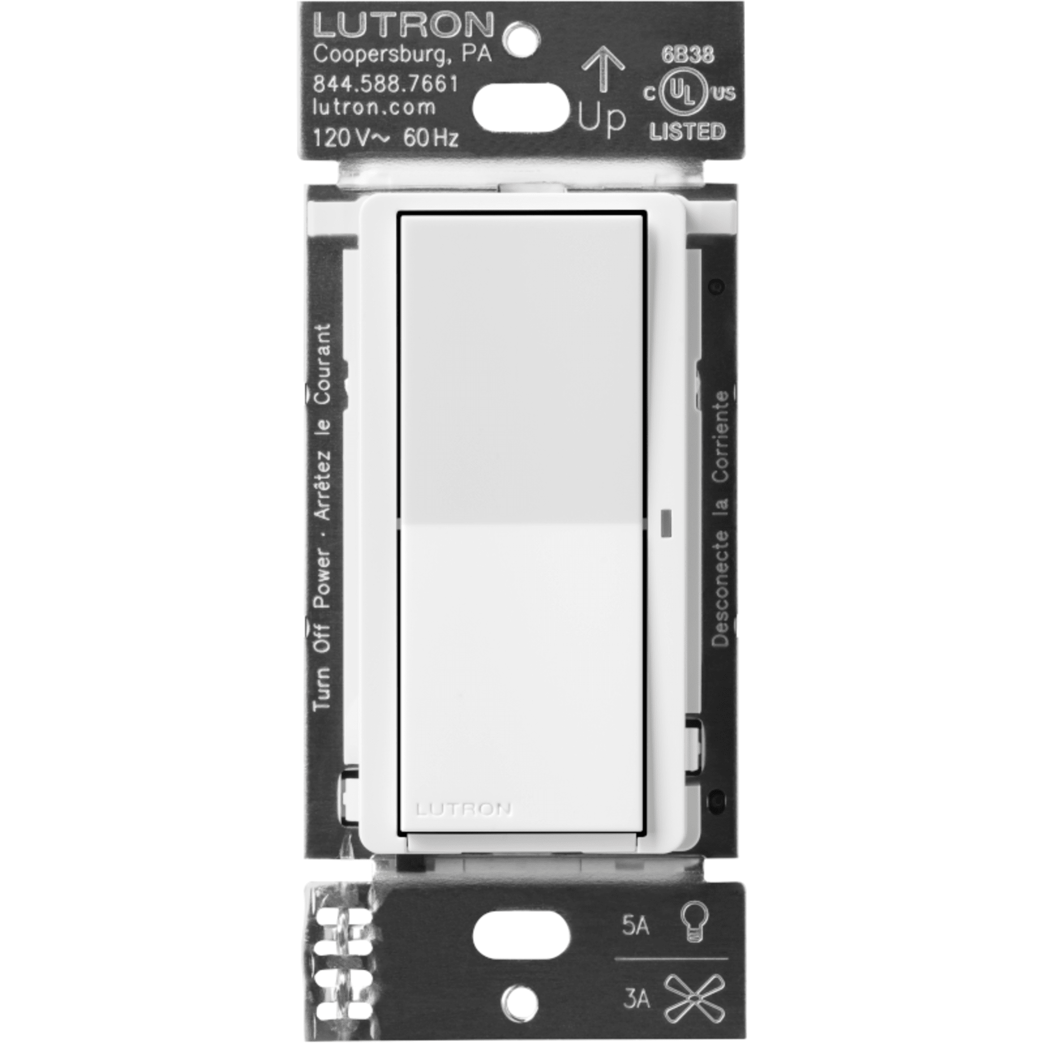 Interruptor Inteligente de Pared / On/Off No Regulable / 120 V con Neutro / 5 A LED / 600 W Incandescente / Control Pico y Smart Hub / 3 Vías — LUTRON CASETA WIRELESS · SKU DVRF5NSWH