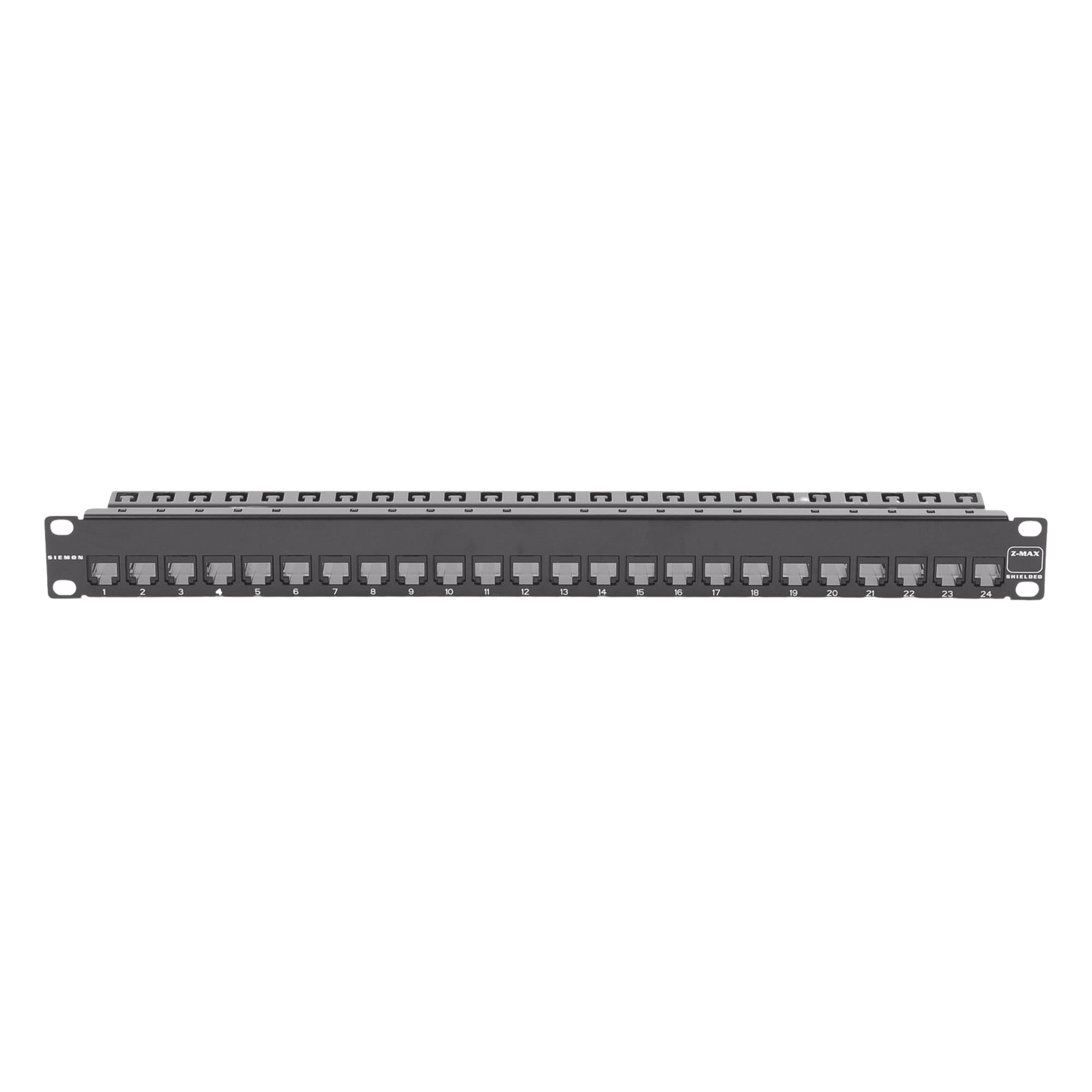 Patch Panel / 24 Puertos / Blindado / Cat 6A / Plano / 1UR — SIEMON · SKU Z6AS-PNL-24K