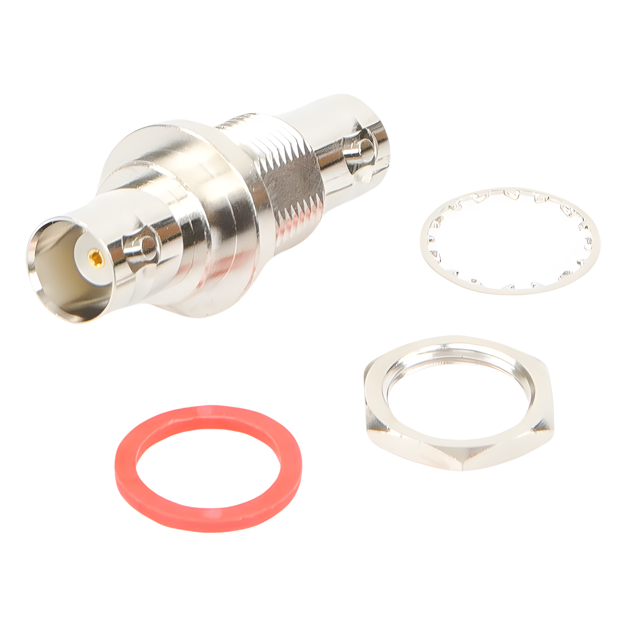 Adaptador Coaxial / Doble BNC Hembra / Montaje Chasis Hermético / D-Plano Frontal o Trasero / 50 Ω / Cuerpo Niquelado / Contacto Oro — RF INDUSTRIES,LTD · SKU RFB-1135