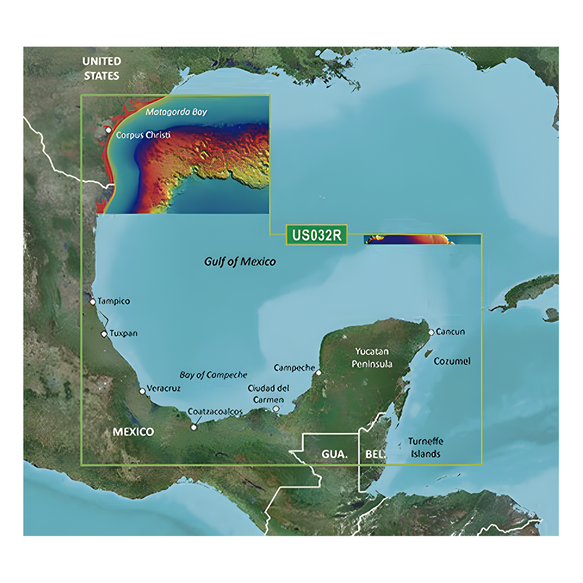Carta Náutica Digital / Sur del Golfo de México / Contornos 1 ft / Sombreado de Profundidad 10 Rangos / Auto Ruta por Profundidad — GARMIN · SKU 10-C0733-00