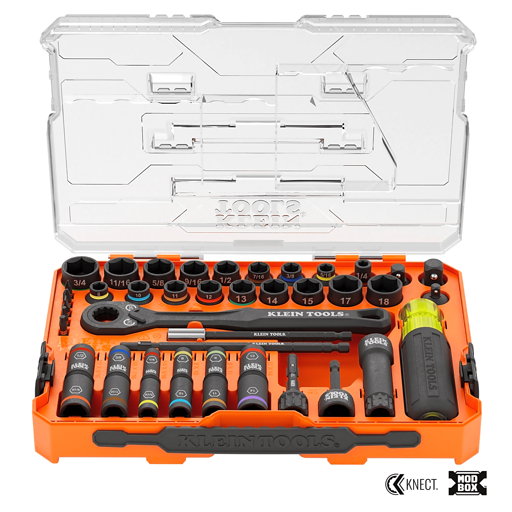 Juego de Dados de Impacto / Paso a Través / 39 Piezas / SAE y Métrico / Sistema KNECT / Adaptador 3/8" — KLEIN TOOLS · SKU 65500-KNECT