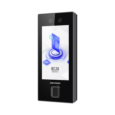 Terminal Facial Min Moe con LECTOR DE HUELLAS y Tarjetas MIFARE / 3000 Rostros / 3000 Huellas / Pantalla 4.5" / Administrable en la Nube con Hik-Connect Teams  / Exterior IP65  / PoE / WiFi / HIK-IA / SIP Estandar