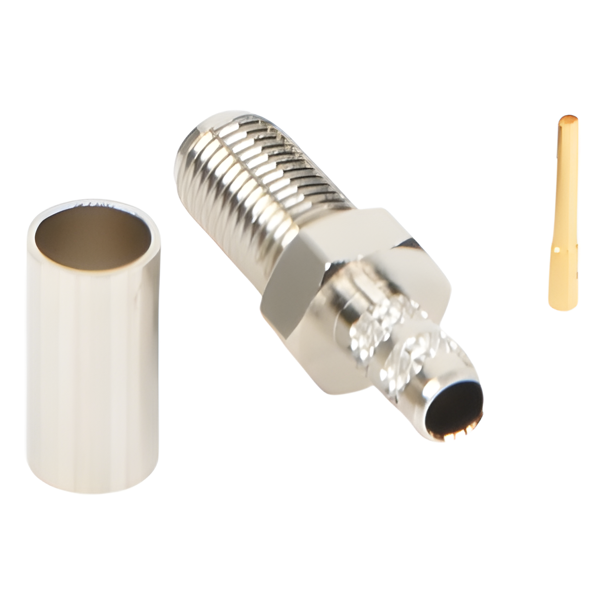Conector Coaxial SMA Hembra / Anillo Plegable / Para Cable RG-58/U / Cuerpo Bronce Niquelado / Contacto Oro / Aislante Teflón