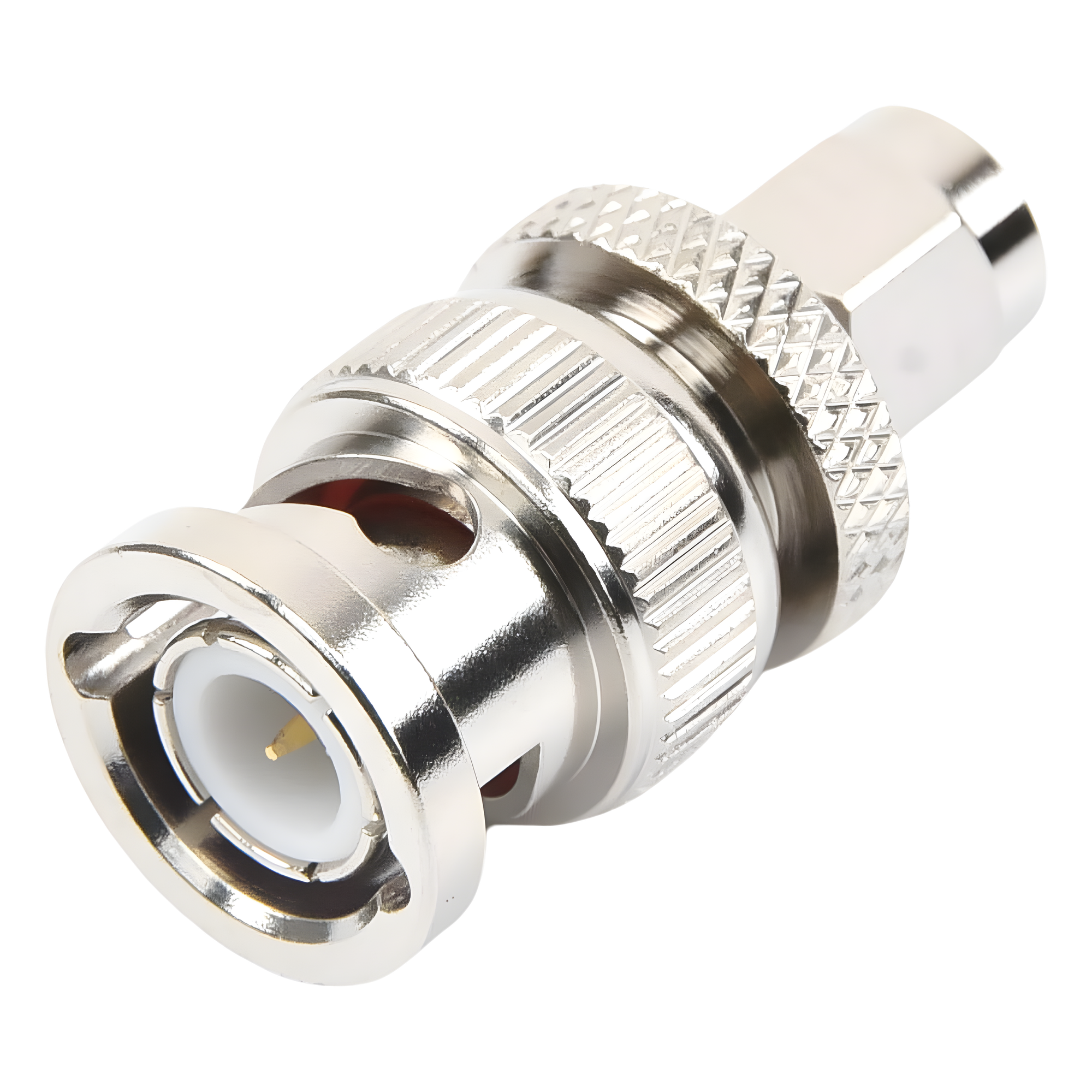 Adaptador Coaxial en Línea / SMA Macho a BNC Macho / Cuerpo Bronce Niquelado / Contacto Oro / Aislante Teflón