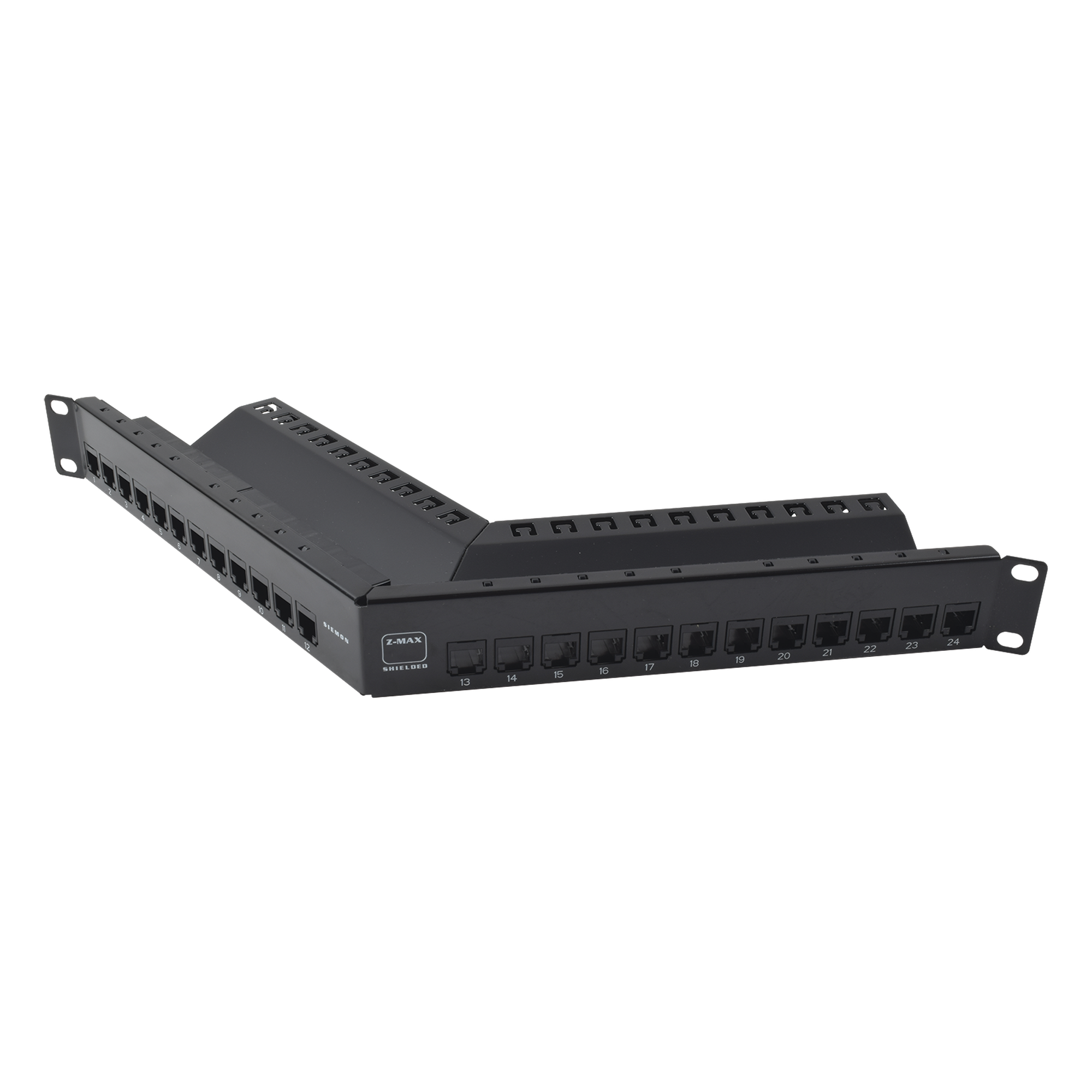 Patch Panel / 24 Puertos / Blindado Cat 6A / Angulado / 1UR — SIEMON · SKU Z6AS-PNLA-24K
