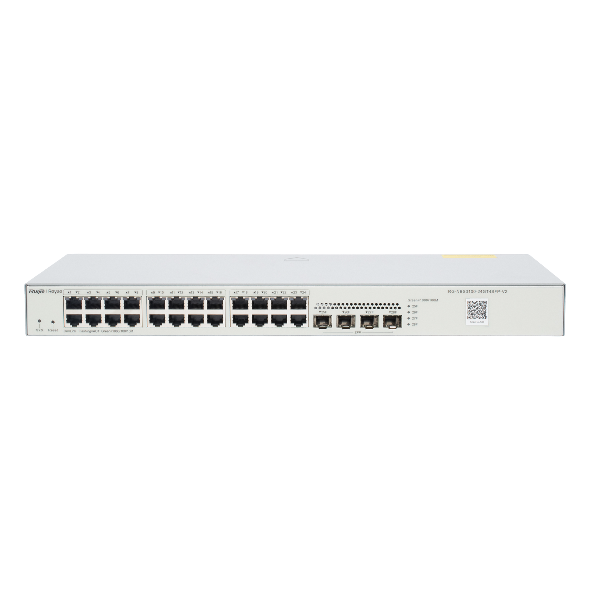 Switch Administrable L2 / 24 Puertos Gigabit / 4 SFP 1G / 56 Gbps / Sin Ventilador / Protección 6 kV — RUIJIE · SKU RG-NBS3100-24GT4SFP-V2