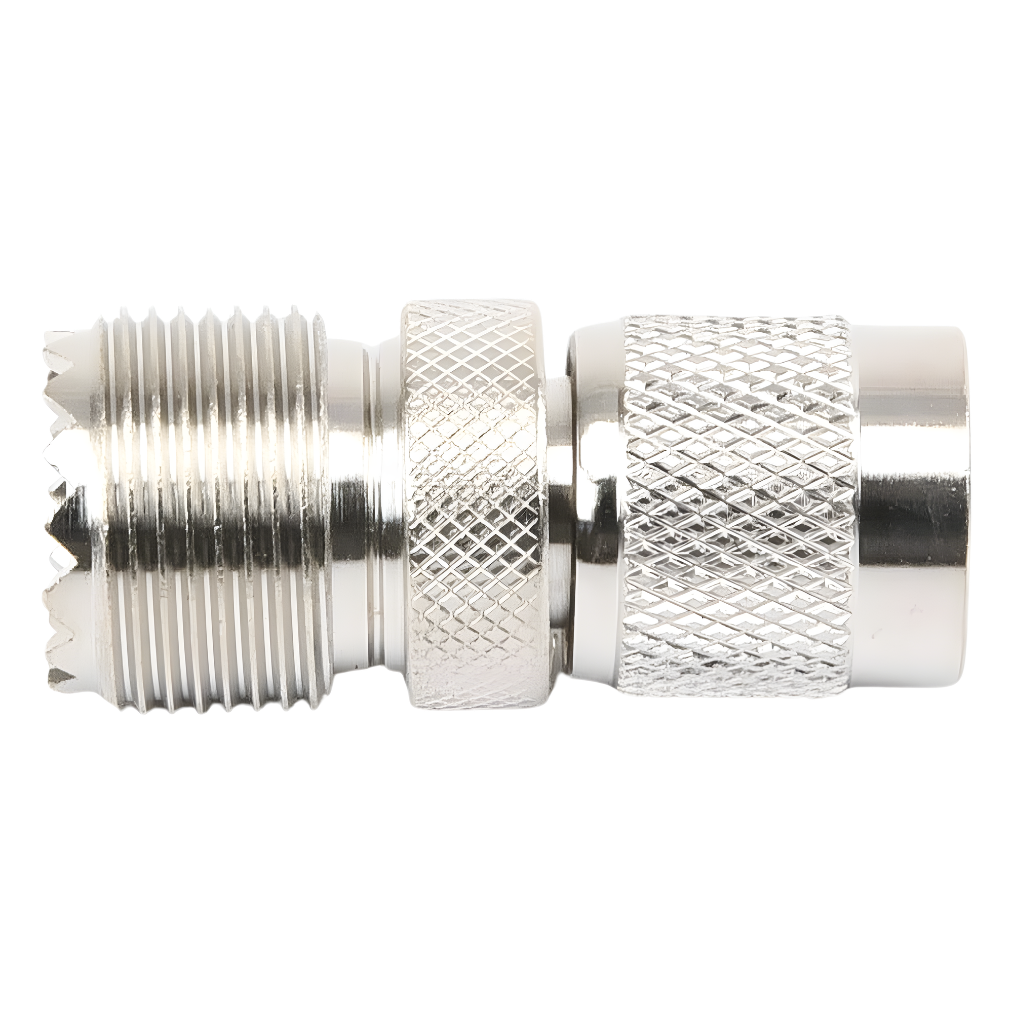 Adaptador de Conector RF / TNC Macho a UHF Hembra SO-239 / Montaje en Línea / Cuerpo Bronce Niquelado / Contacto Oro / Aislante Teflón