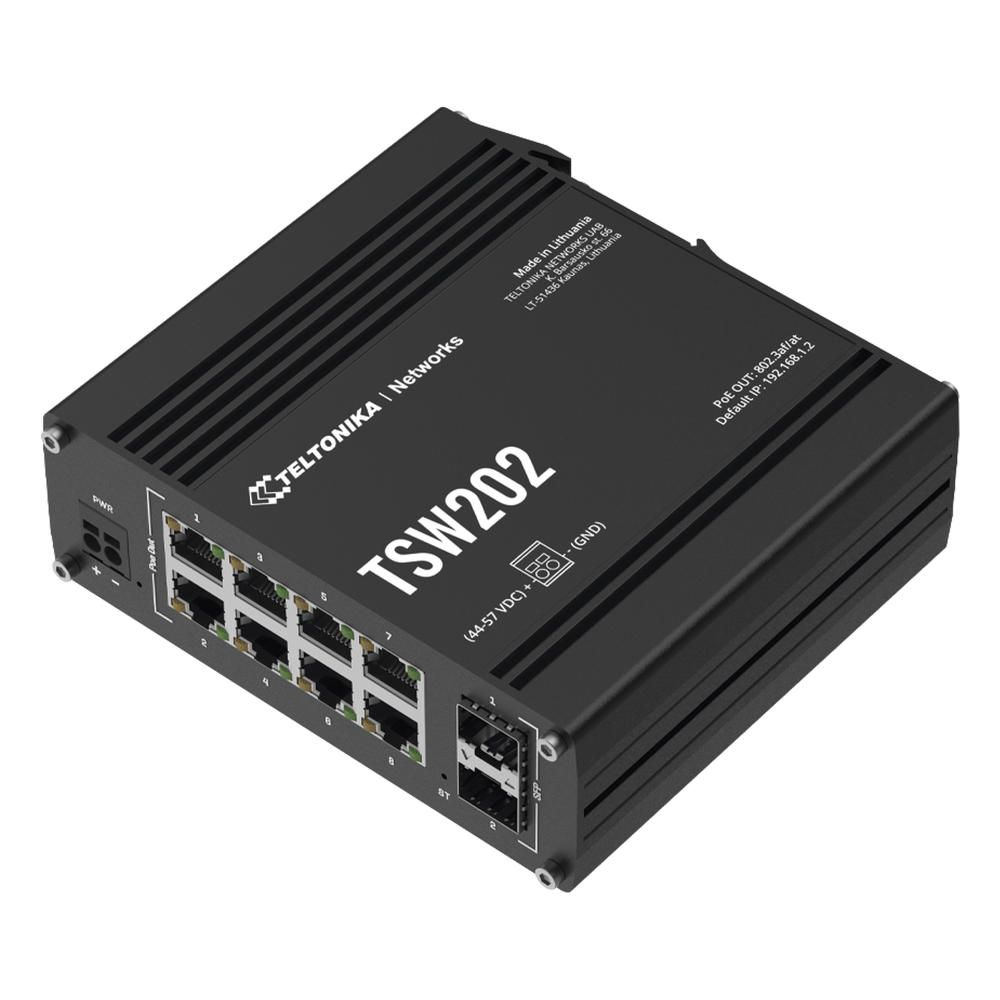 Switch Industrial Administrable L2 / 8 Puertos PoE+ 240W / 2 SFP / Profinet / -40°C a 75°C / IP30 — TELTONIKA · SKU TSW202