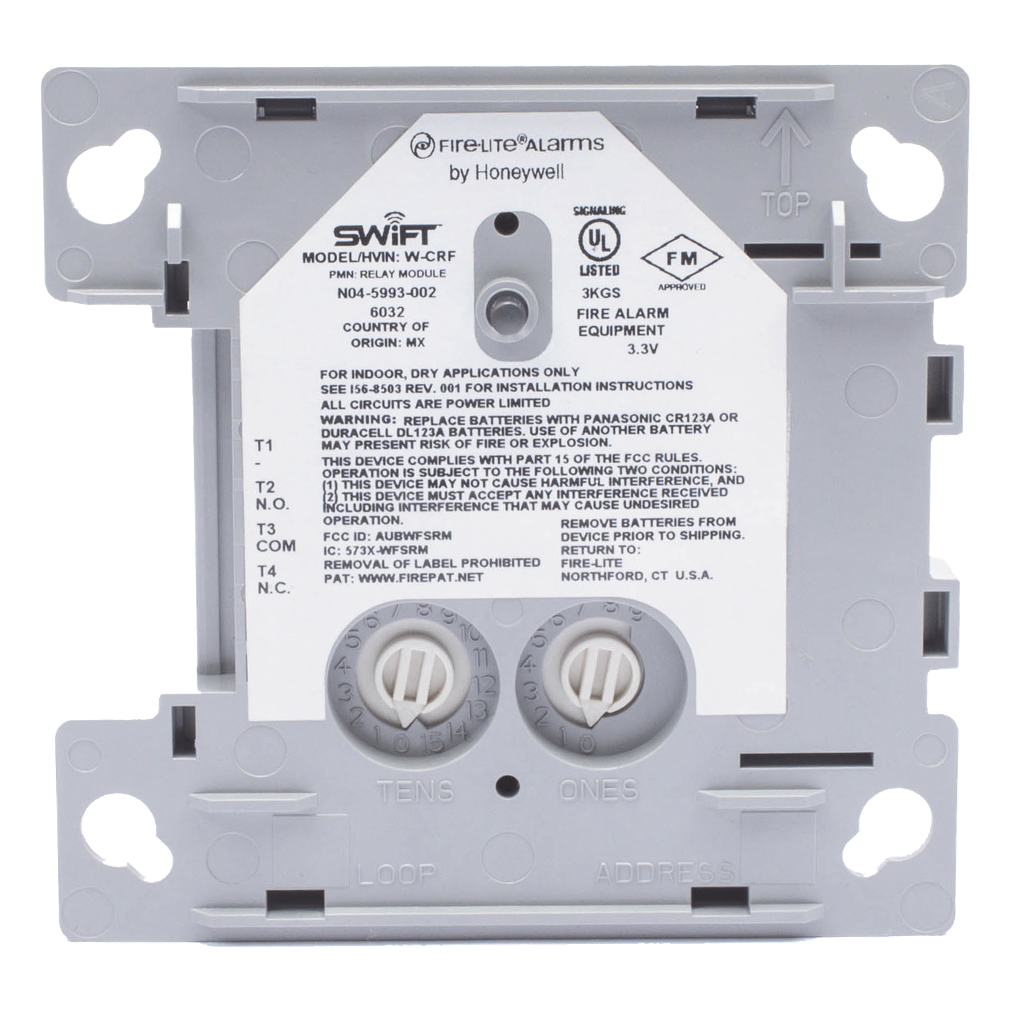 Módulo de relé inalámbrico direccionable / 1 contacto Forma C SPDT / malla SWIFT 902-928 MHz / baterías CR-123A / gateway W-GATE — FIRE-LITE · SKU W-CRF
