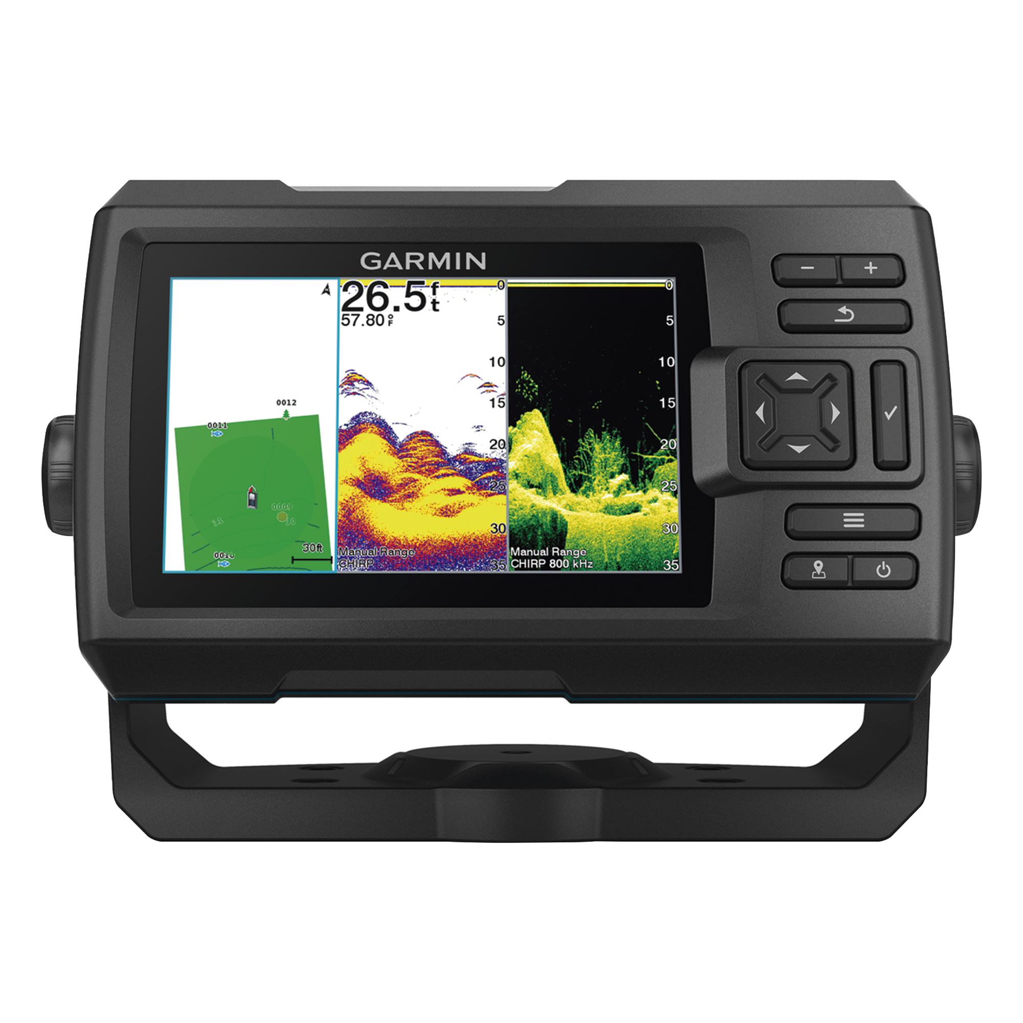 Ecosonda GPS / Pantalla WVGA 5.0" / Resolución 800x480 / GPS WAAS / CHIRP Dual 50/77/200 kHz / ClearVü / 500 W RMS / IPX7 — GARMIN · SKU 10-02551-01