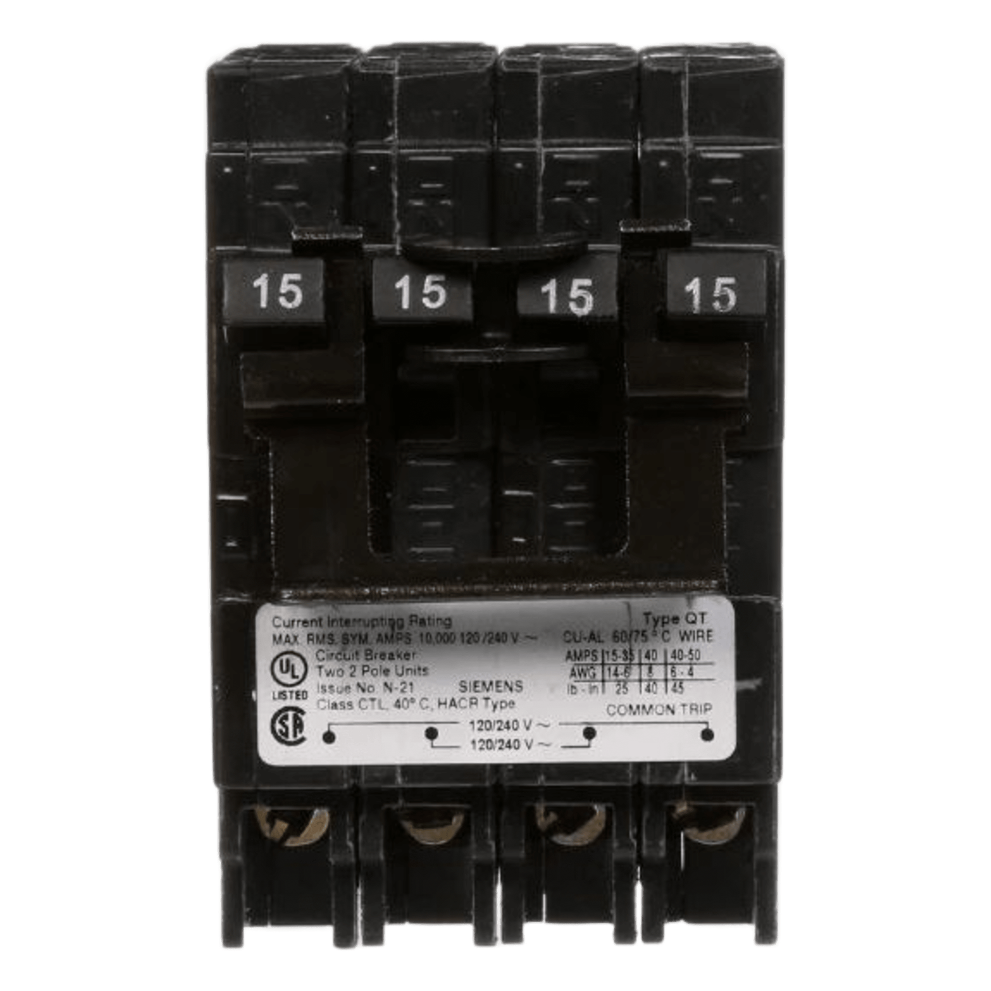Interruptor Automático TRIPLEX / 2 Polos Simples / 1 Polo Doble / 20-50 A / 120/240 VCA / 10 kA / Enchufable — SIEMENS · SKU Q22050CT