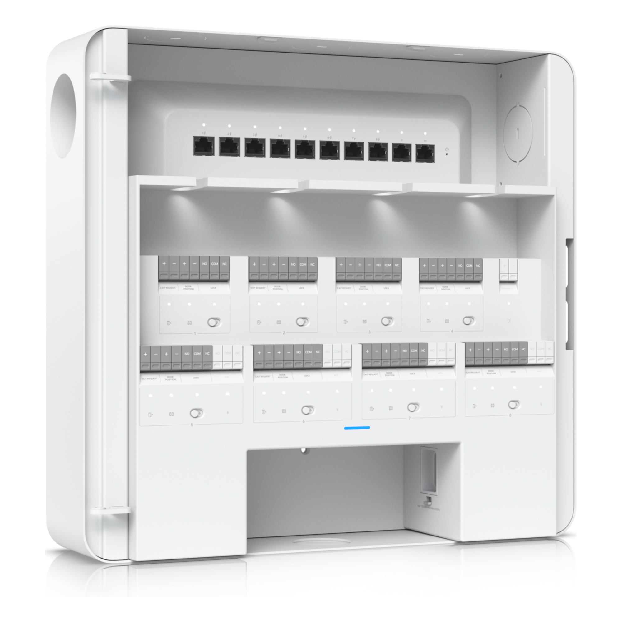 Concentrador de Acceso Empresarial / Control de 8 Puertas / 8 Puertos PoE / Respaldo de Batería 32-48 VCC / Carcasa de Acero y Policarbonato