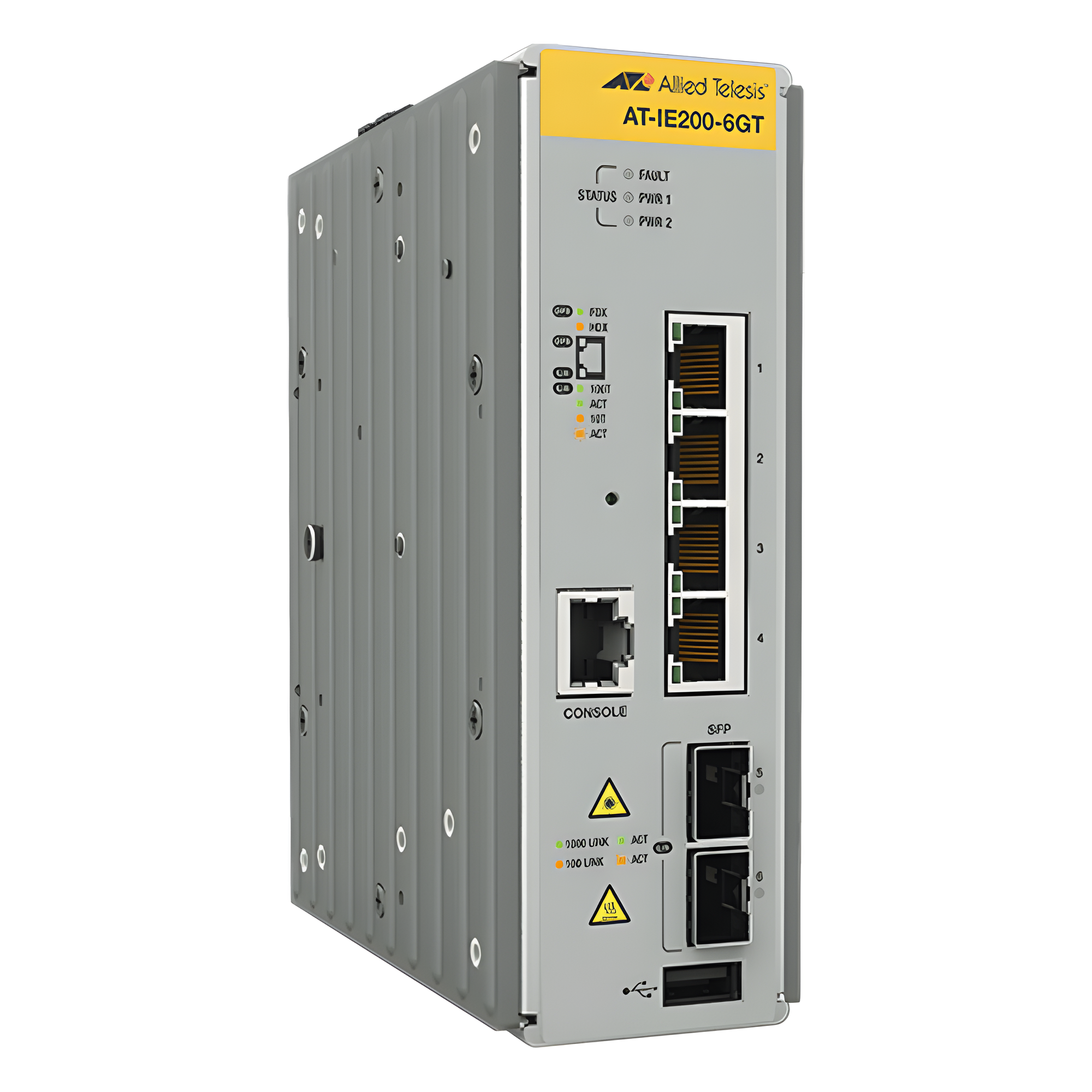 Switch Industrial Administrable Capa 2 / 4 Puertos Gigabit + 2 SFP / 8.93 Mpps / -40°C a 75°C / 12-48 VDC / 1.8 x 6.3 x 5.3 in — ALLIED TELESIS · SKU AT-IE200-6GT-80