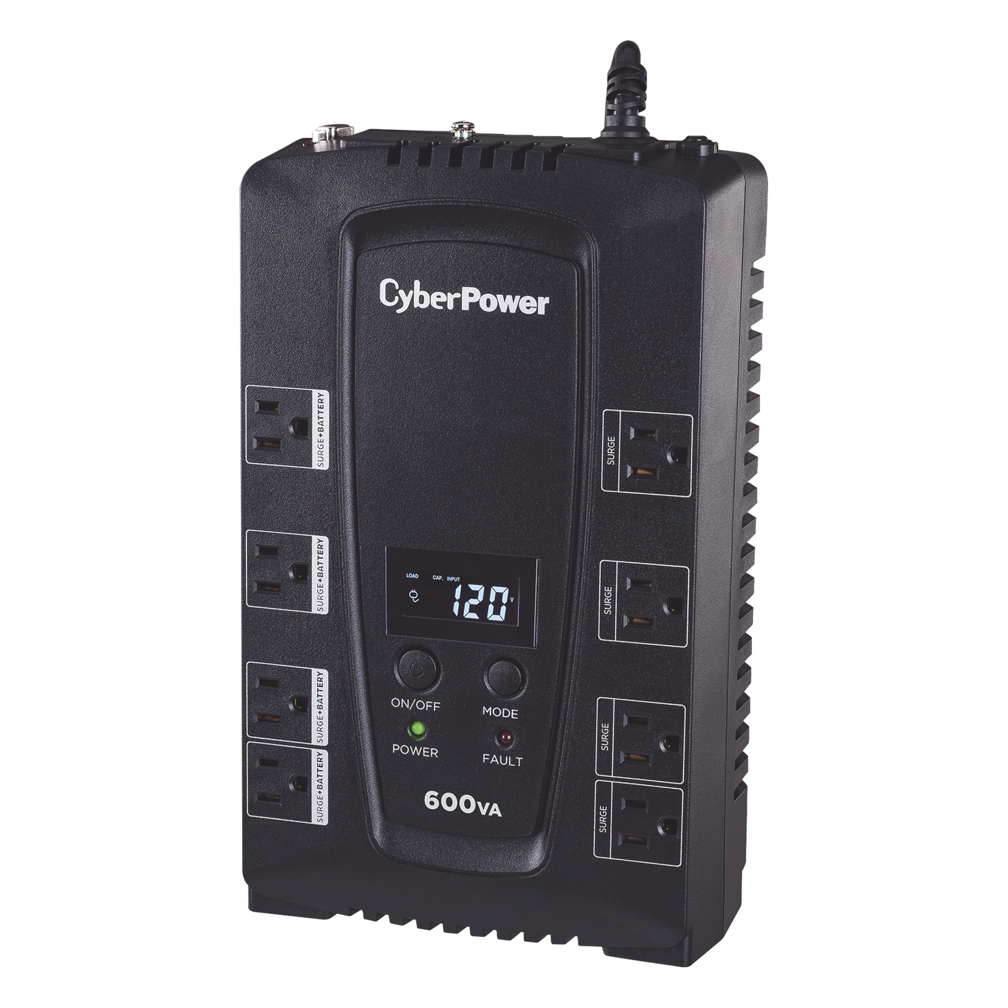 UPS de 600 VA/340 W, Topología Standby, Entrada 120 Vca NEMA 5-15P, Tipo Gabinete Compacto, Con 8 Tomas NEMA 5-15R — CYBERPOWER · SKU CP600LCD