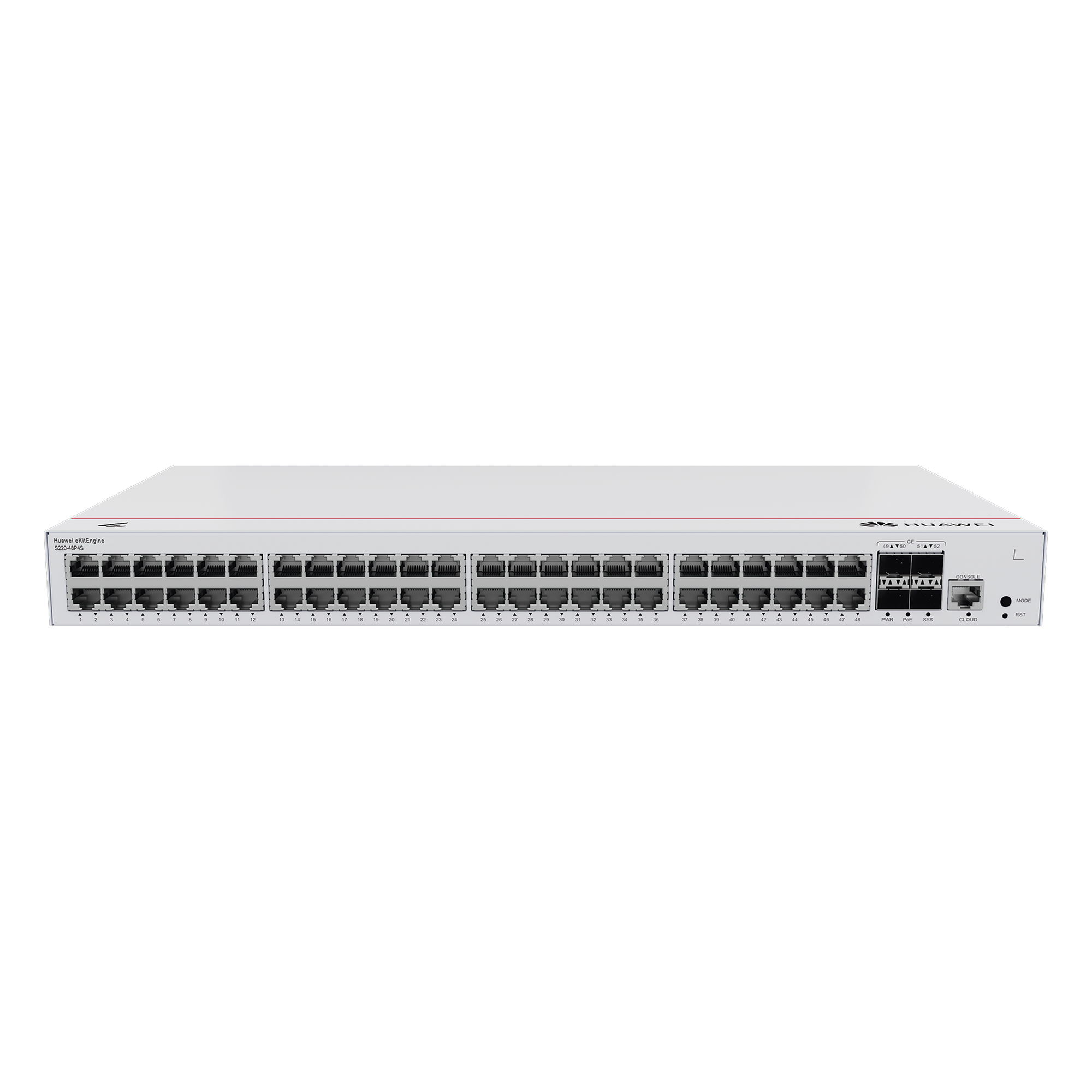 Switch PoE Administrable Capa 2 / 48 Puertos Gigabit PoE / 4 Puertos SFP Uplink 1GE / 104 Gbps / PoE Perpetuo 380W / Gestión Nube Gratis — HUAWEI · SKU S220-48P4S