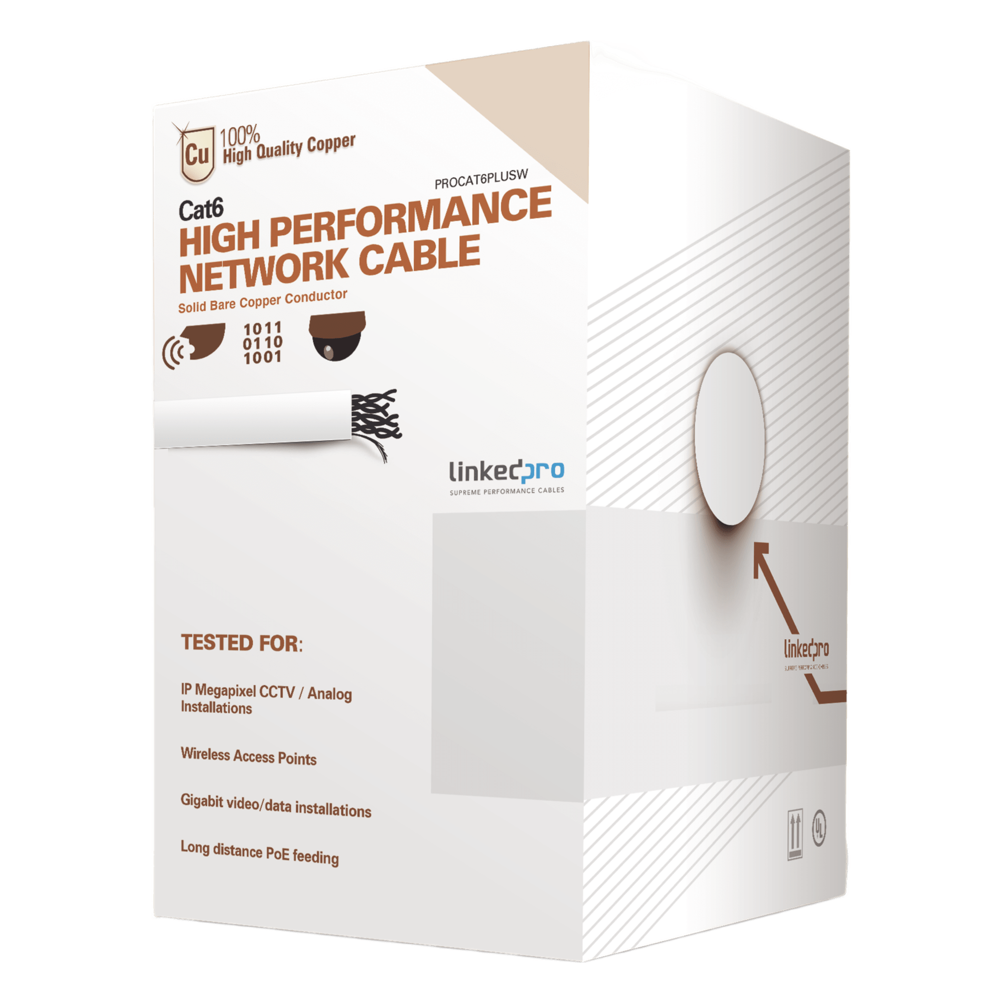 Bobina de Cable Cat6 / 305 m (1000 pies) / 23 AWG / 250 MHz / Cobre / Super Flexible / UL / Blanco — LINKEDPRO BY EPCOM · SKU PRO-CAT-6-PLUSW