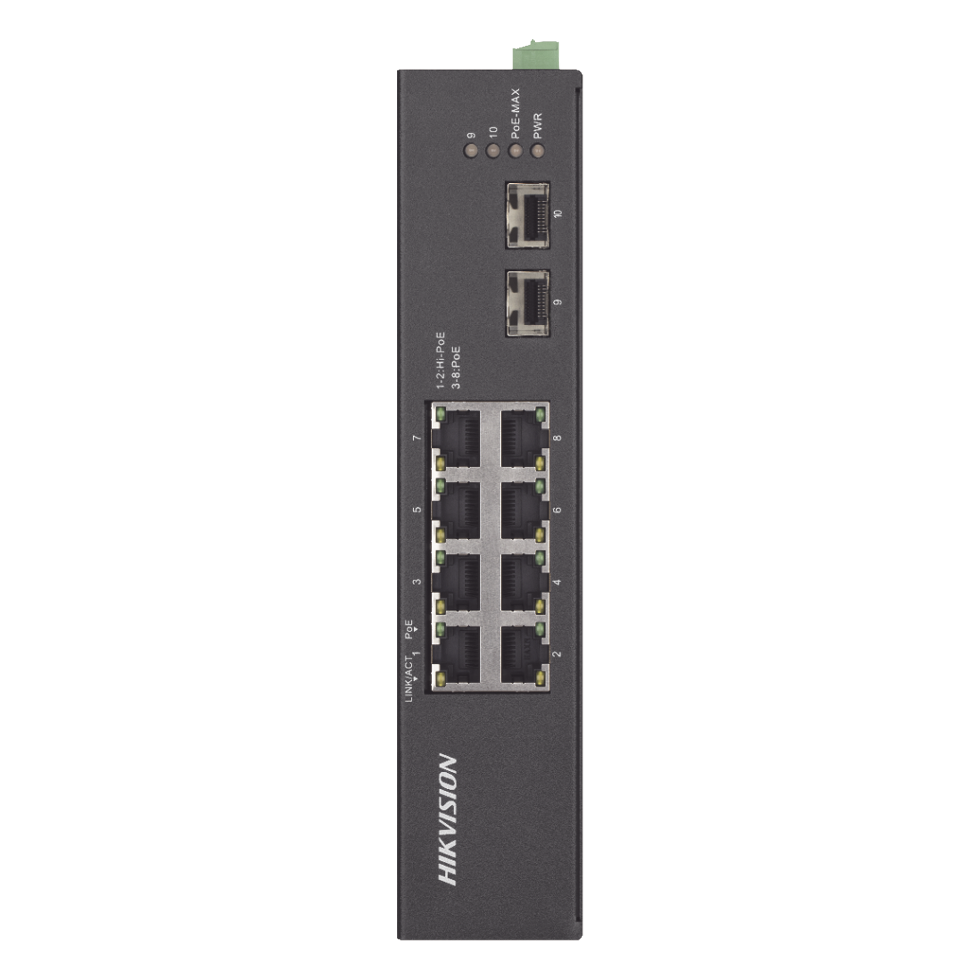 Switch Industrial No Administrable / 8 Puertos Gigabit PoE+ / 2 Puertos SFP / 120 W / 48-57 VCD / 984 Pies de Alcance — HIKVISION · SKU DS-3T0510HP-E/HS