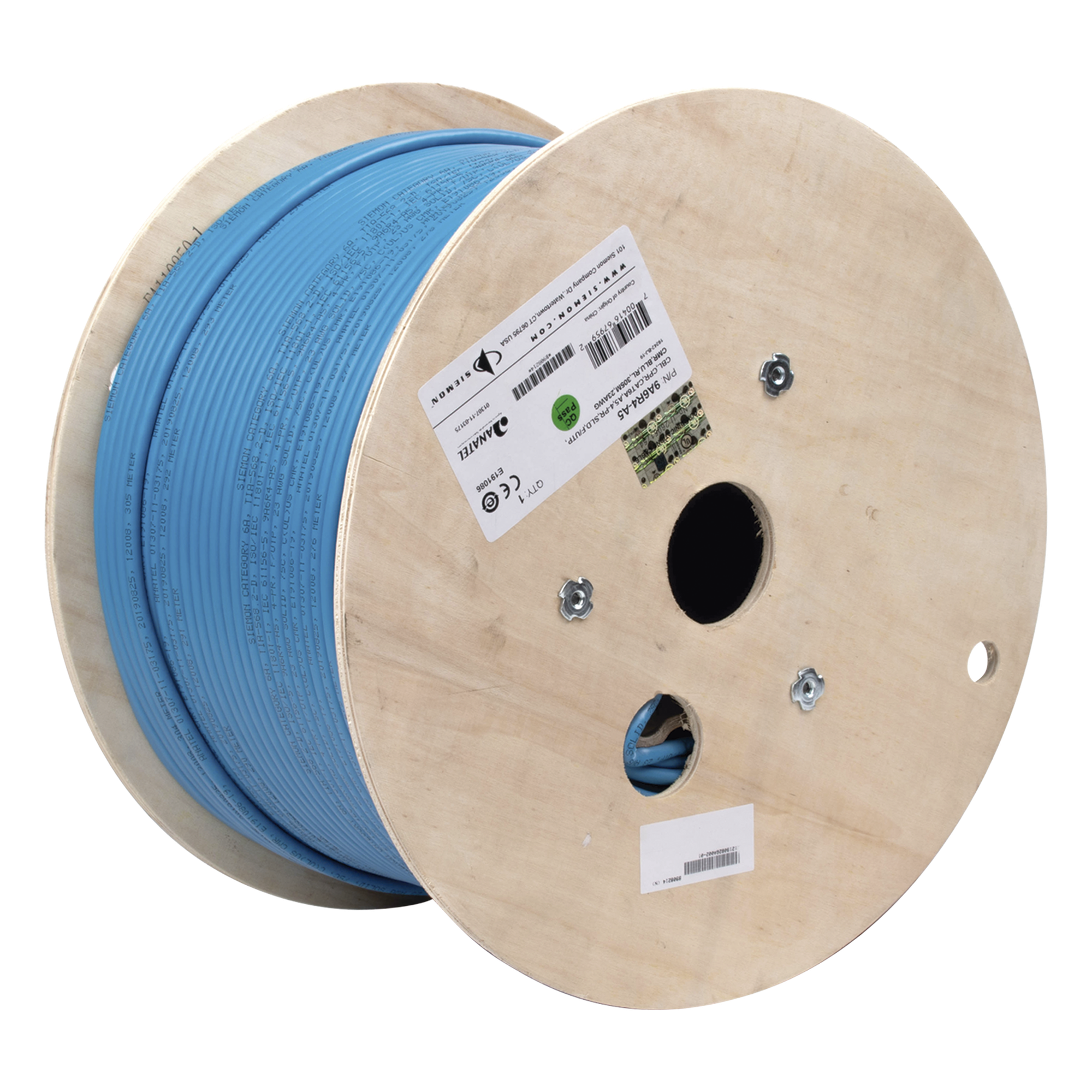 Bobina de Cable Blindado F/UTP / Cat6A / 4 Pares / 23 AWG / CMR Riser / 305 m (1000 pies) / 500 MHz / 10GBase-T — SIEMON · SKU 9A6R4-A5
