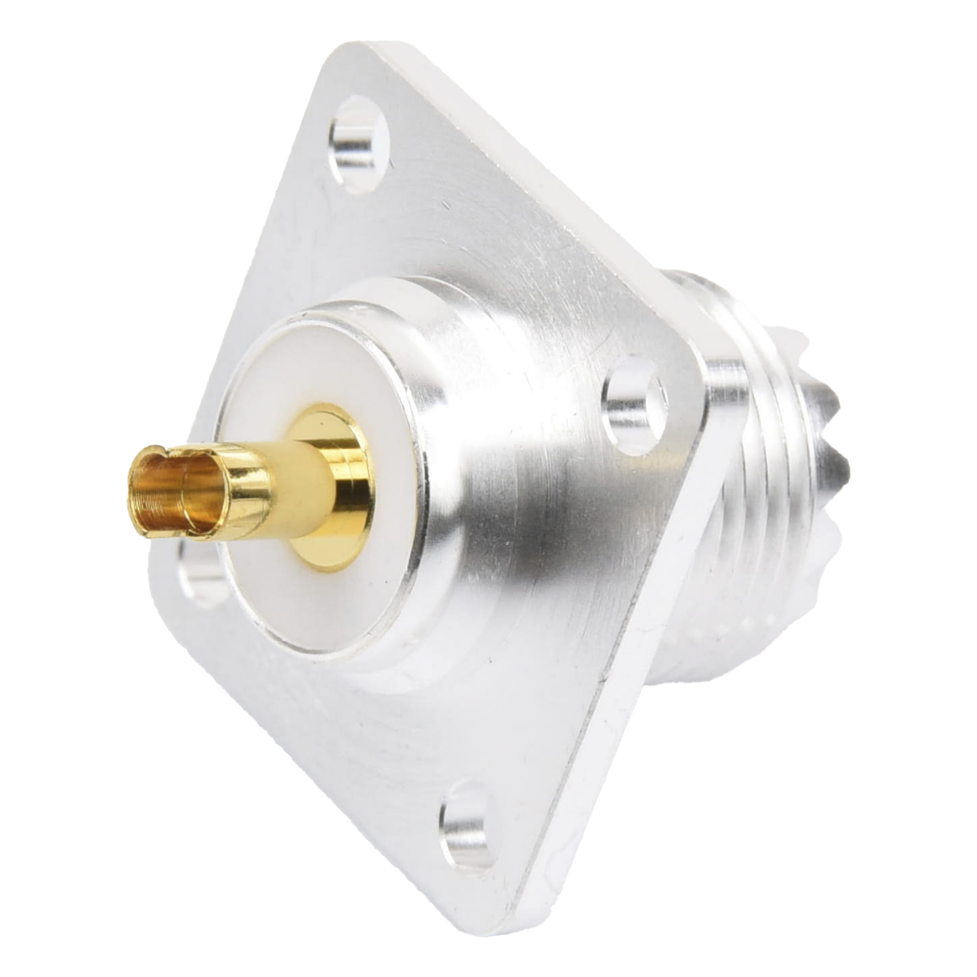 Conector RF Hembra / UHF SO-239 / Montaje Chasis 4 Hoyos / Terminal Soldable / Aislante Teflón