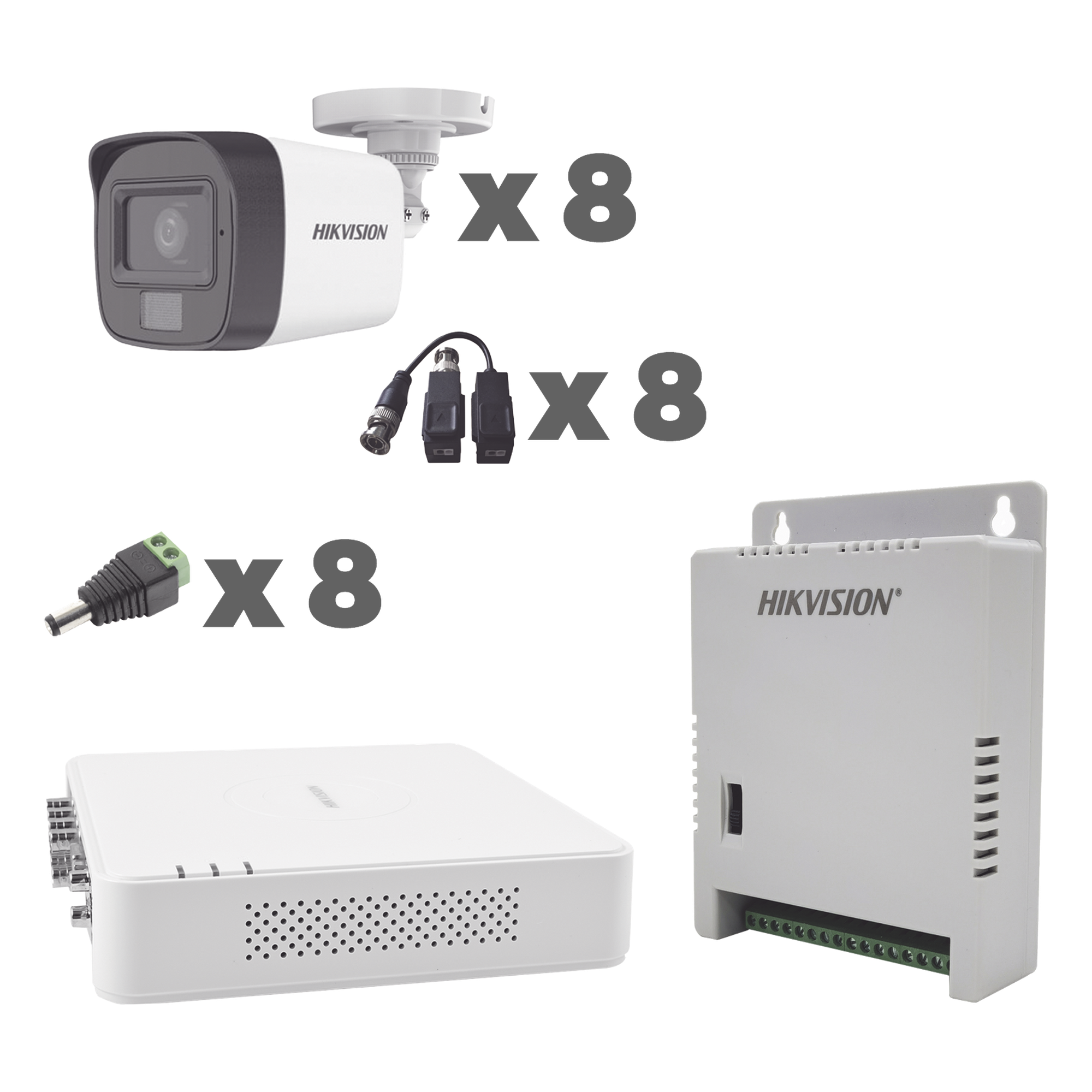 Kit TurboHD / DVR 8 Canales / Audio por Coaxitron / 8 Cámaras 1080p / Micrófono Integrado / Luz Blanca + IR / Fuente Ajustable 12-15 V — HIKVISION · SKU KH1080P8BFH