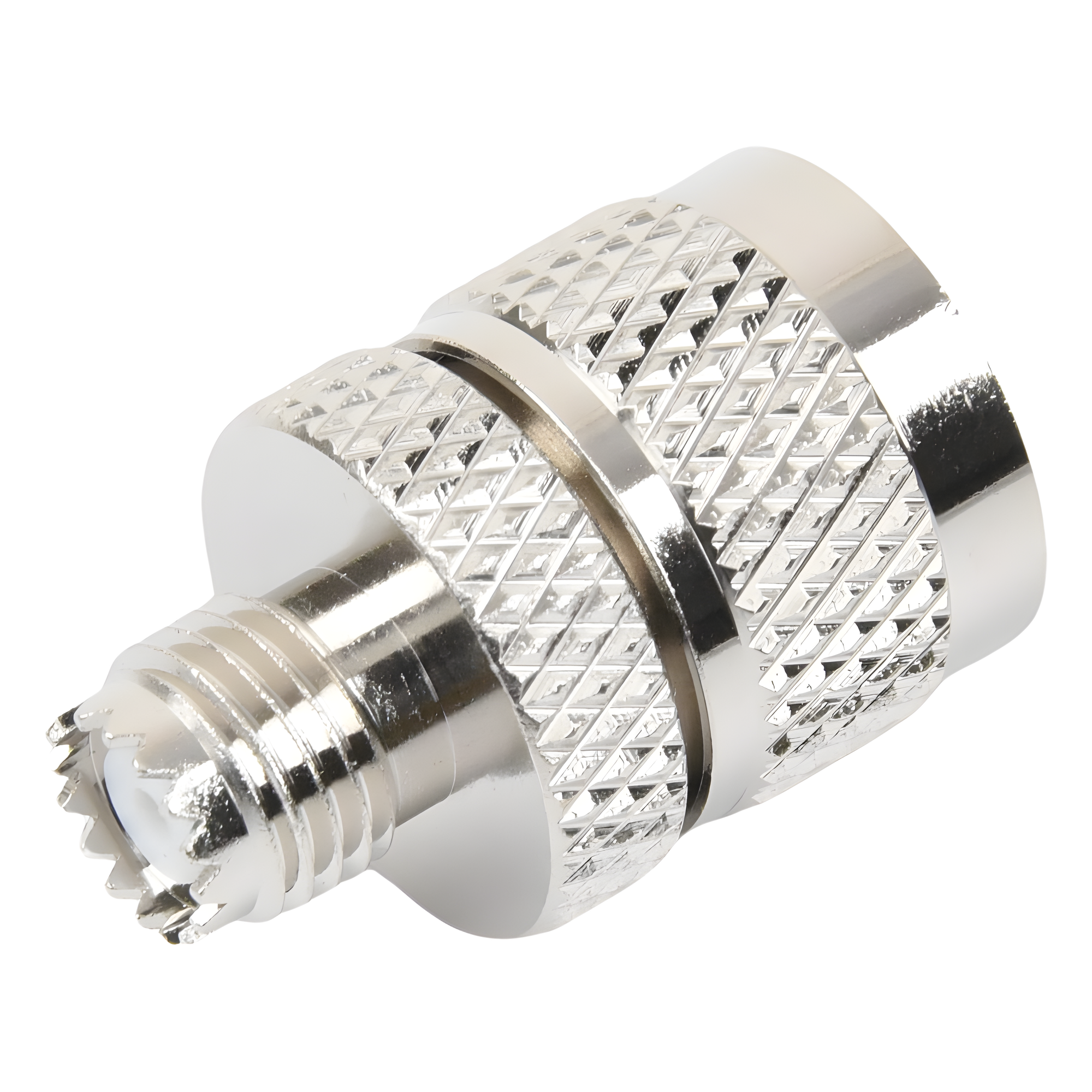 Adaptador RF / Mini UHF Hembra a UHF Macho (PL-259) / Montaje en Línea / Cuerpo Níquel / Contacto Oro / Aislante Teflón