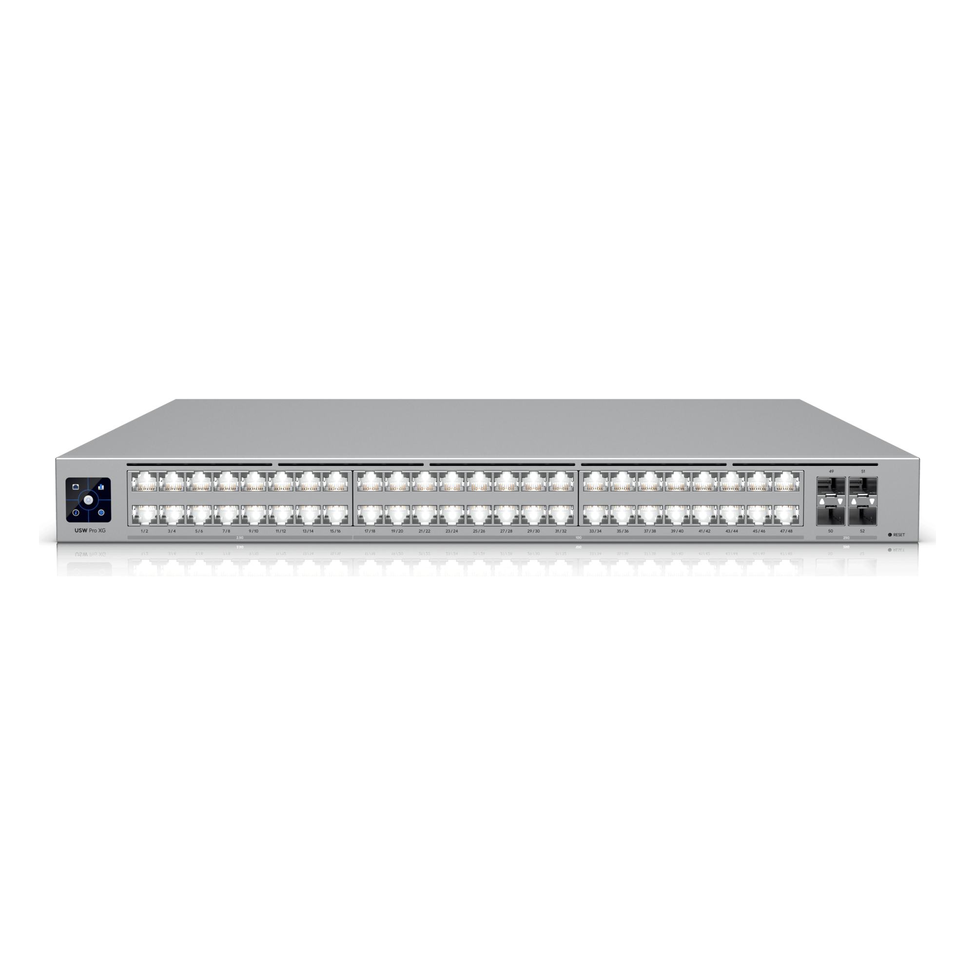 Switch Administrable / 48 Puertos / 32 × 10 GbE + 16 × 2.5 GbE / 4 × SFP28 25G / Capa 3 / 920 Gbps / Etherlighting™ / 1U Rack — UBIQUITI · SKU USW-PRO-XG-48
