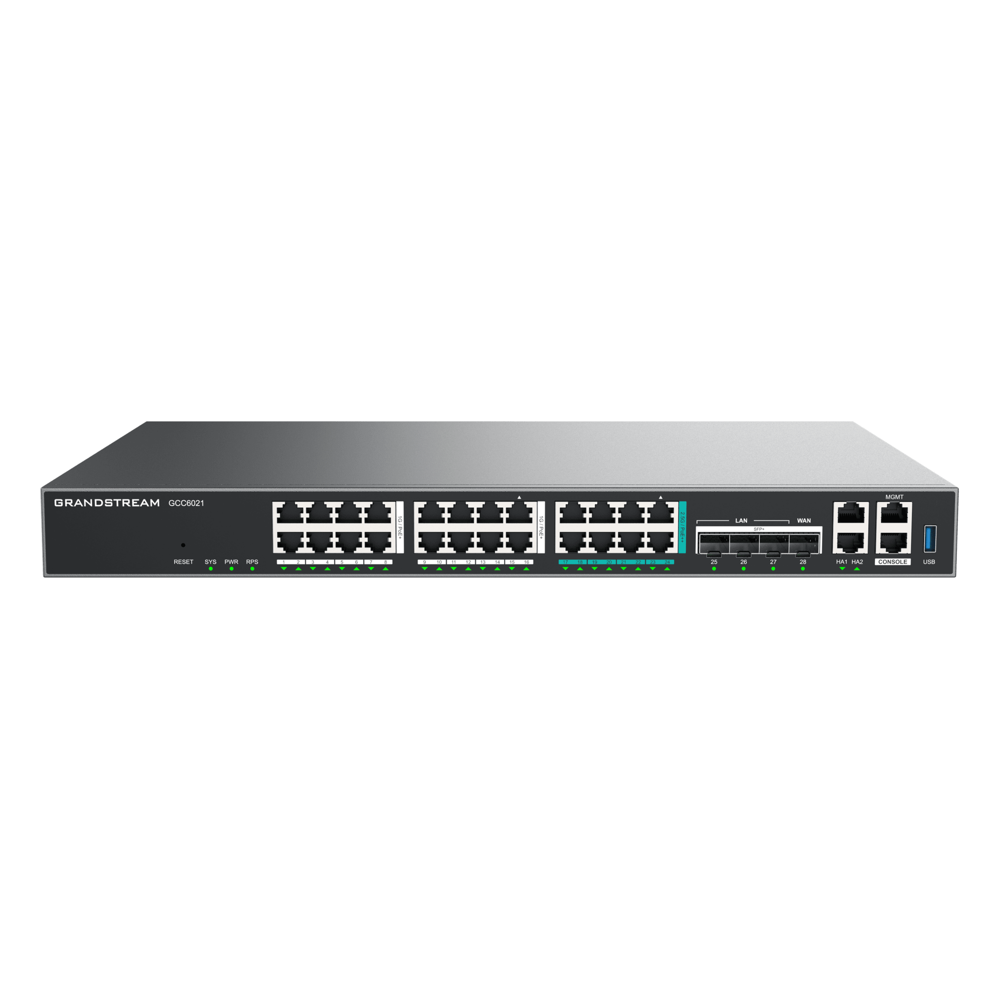 Router Todo-en-Uno / 50 Extensiones PBX / Firewall NGFW 9 Gbps / VPN IPsec 1.3 Gbps / 4x SFP+ 10 GbE / 8x 2.5 GbE / 16x GbE / Gestión en la Nube — GRANDSTREAM · SKU GCC6021