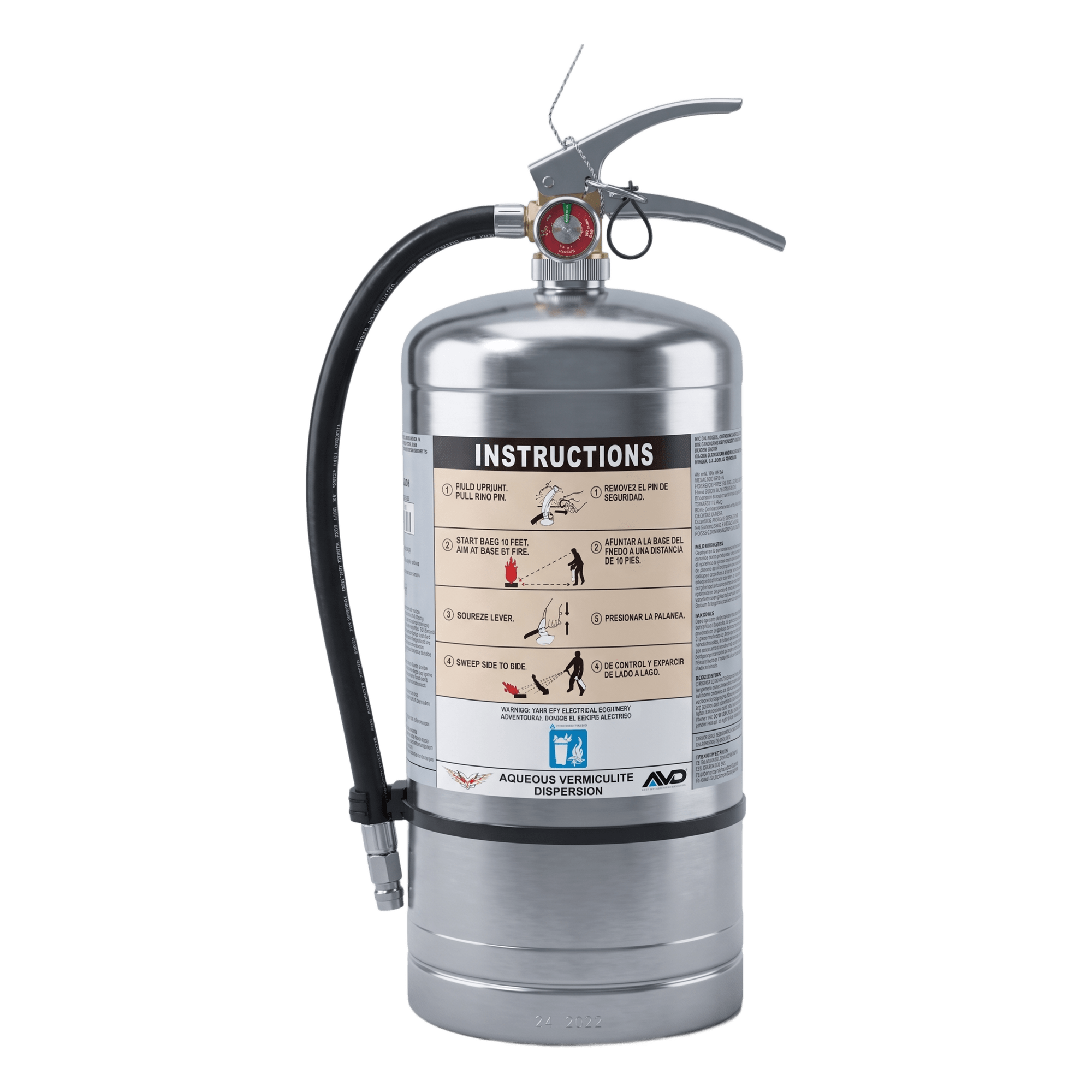 Extintor para Baterías de Iones de Litio / 6 Litros / Descarga 72 s / Alcance 3.6 m (11.8 ft) / Listado UL / Acero Inoxidable — VICTORY · SKU AVD6L