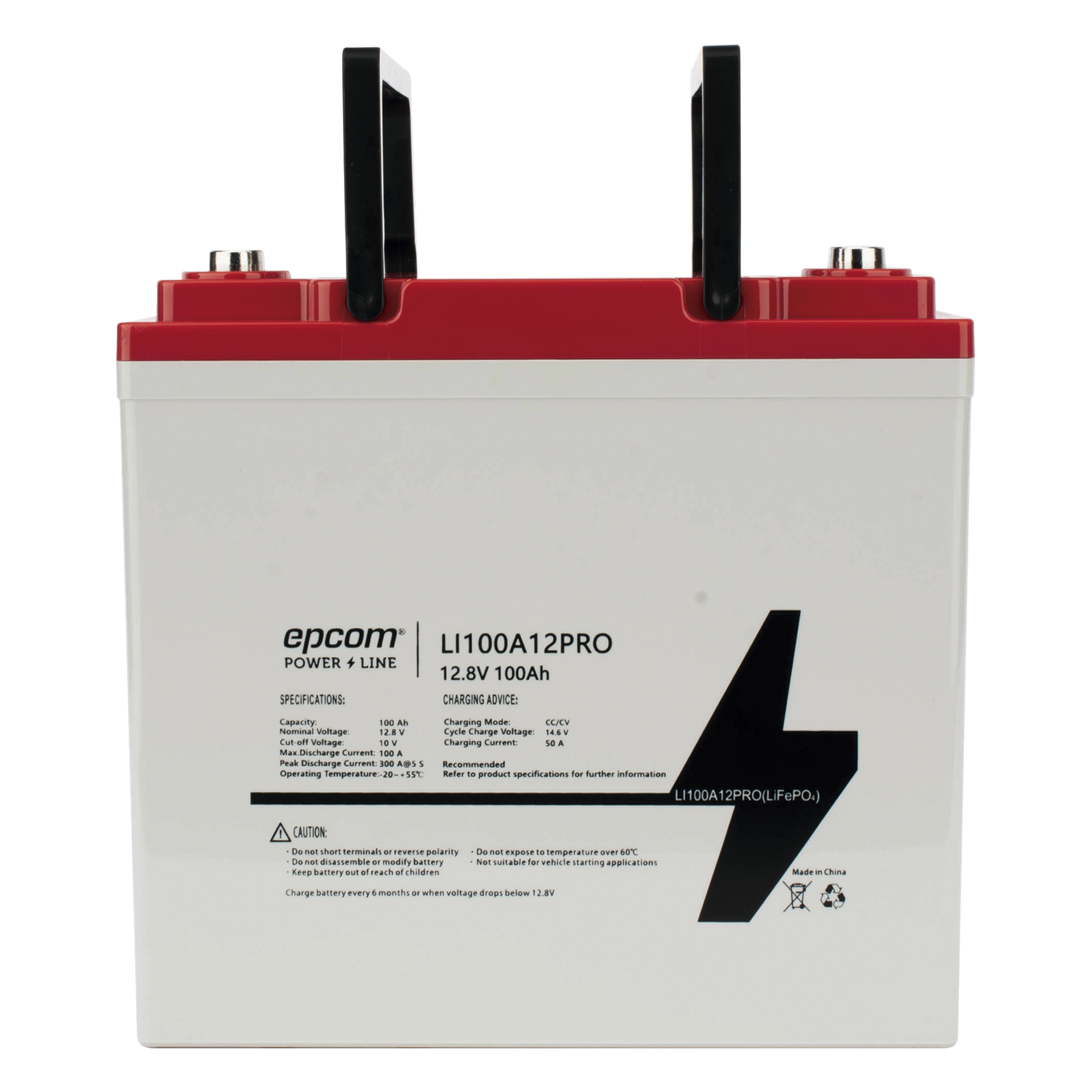 Batería LiFePO4 Ciclo Profundo / 12.8 Vcc / 100 Ah / Descarga Máxima 100 A / 3500 Ciclos / Válvula de Alivio — EPCOM POWER LINE BY RITAR · SKU LI100A12PRO