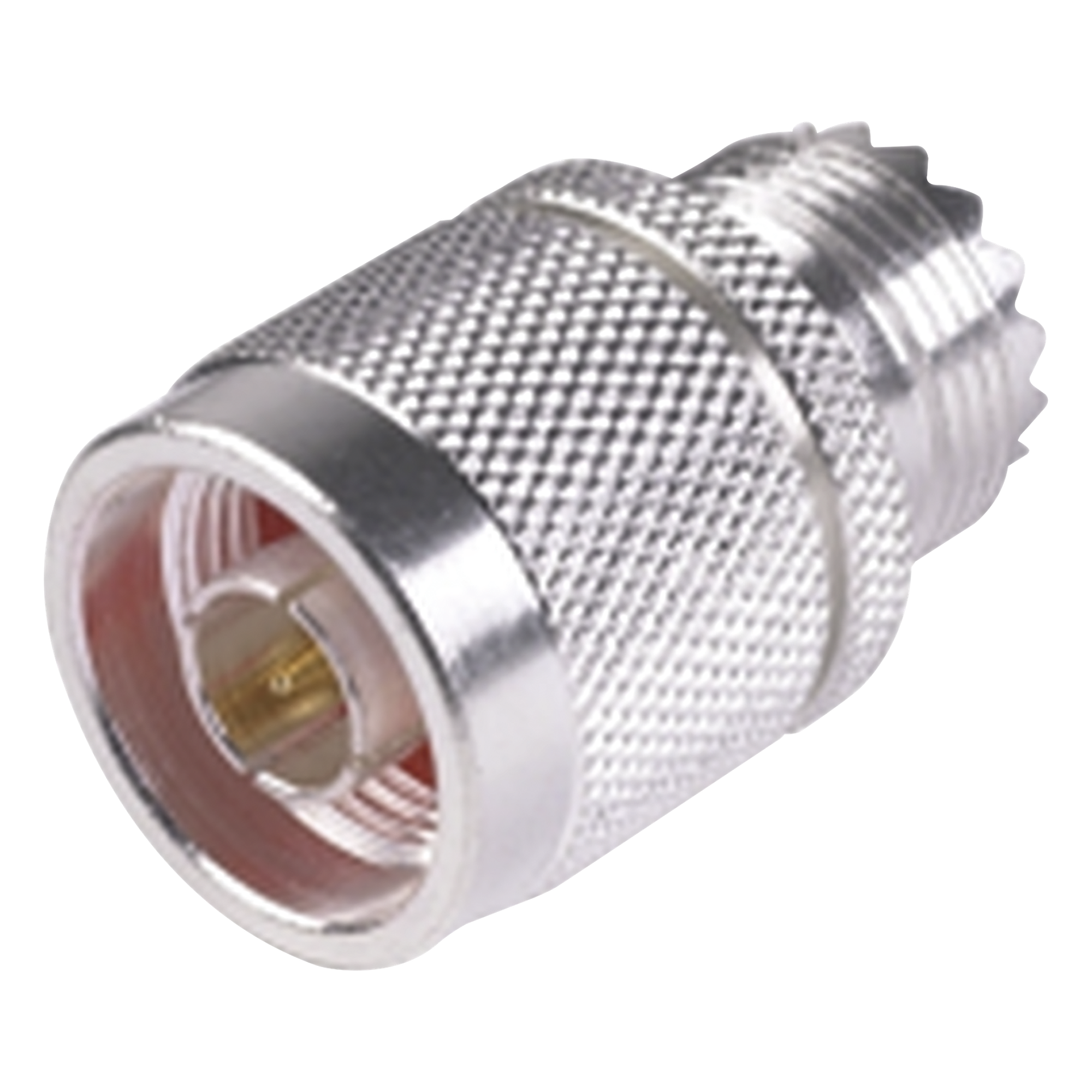 Adaptador Coaxial en Línea / Conector N Macho a UHF Hembra (SO-239) / Cuerpo Bronce Plateado / Contacto Oro / Aislante Teflón — RF INDUSTRIES,LTD · SKU RFN-1035-1