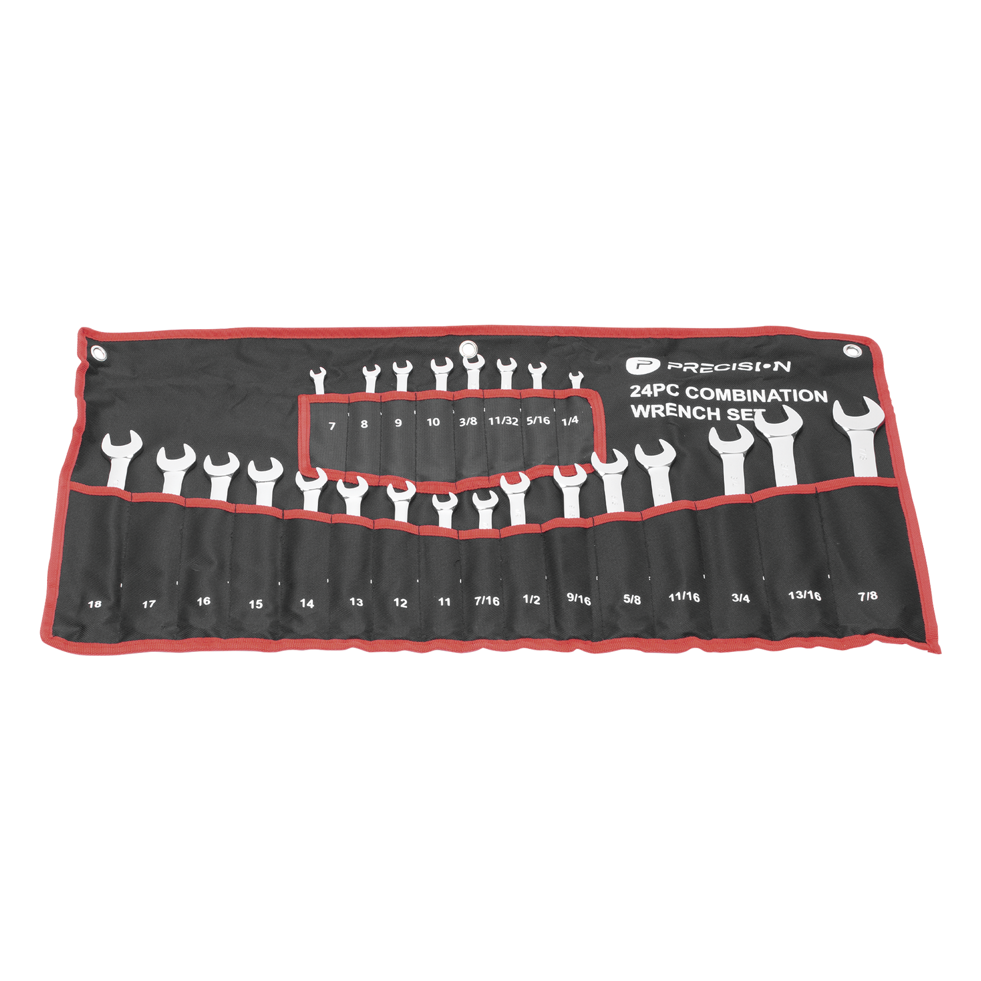 Juego de Llaves Combinadas / 24 Piezas / Métricas e Imperiales / Acero Cromo-Vanadio / Estuche Nylon Enrollable — PRECISION · SKU PST-H030-02