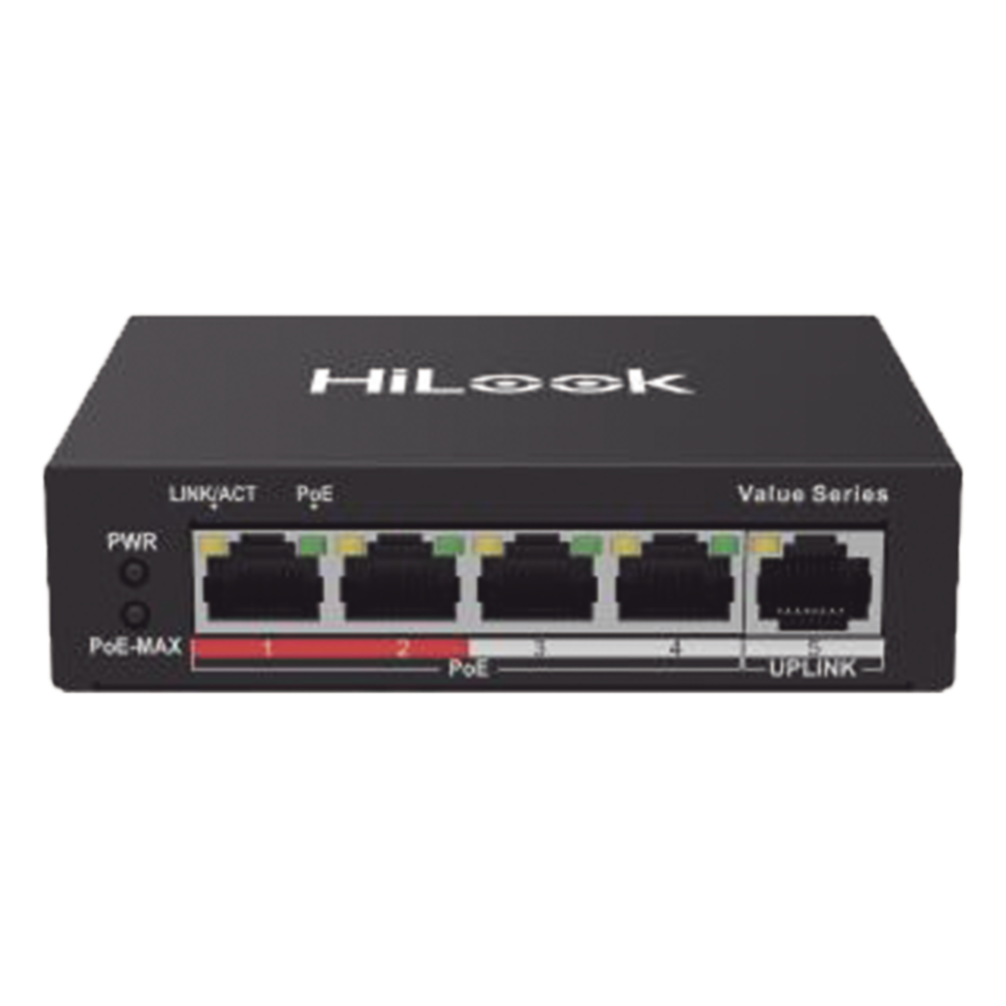Switch PoE+ / 4 Puertos 10/100 Mbps PoE+ 802.3af/at / 1 Puerto Uplink 10/100 Mbps / Modo Extendido 250 m (820 ft) / 35 W — HiLook by HIKVISION · SKU NS-0105P-35(B)